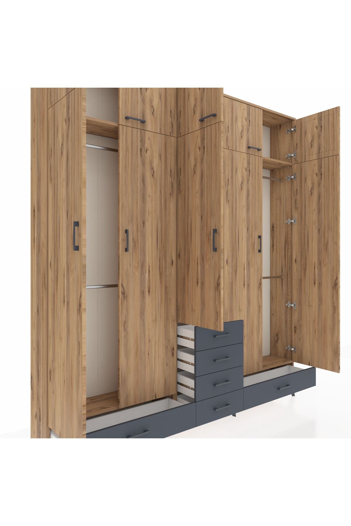 Arges Dolap 6 Raflı 6 Çekmeceli 4 Askılı 220x30x243 Çam-Çam/Antrasit