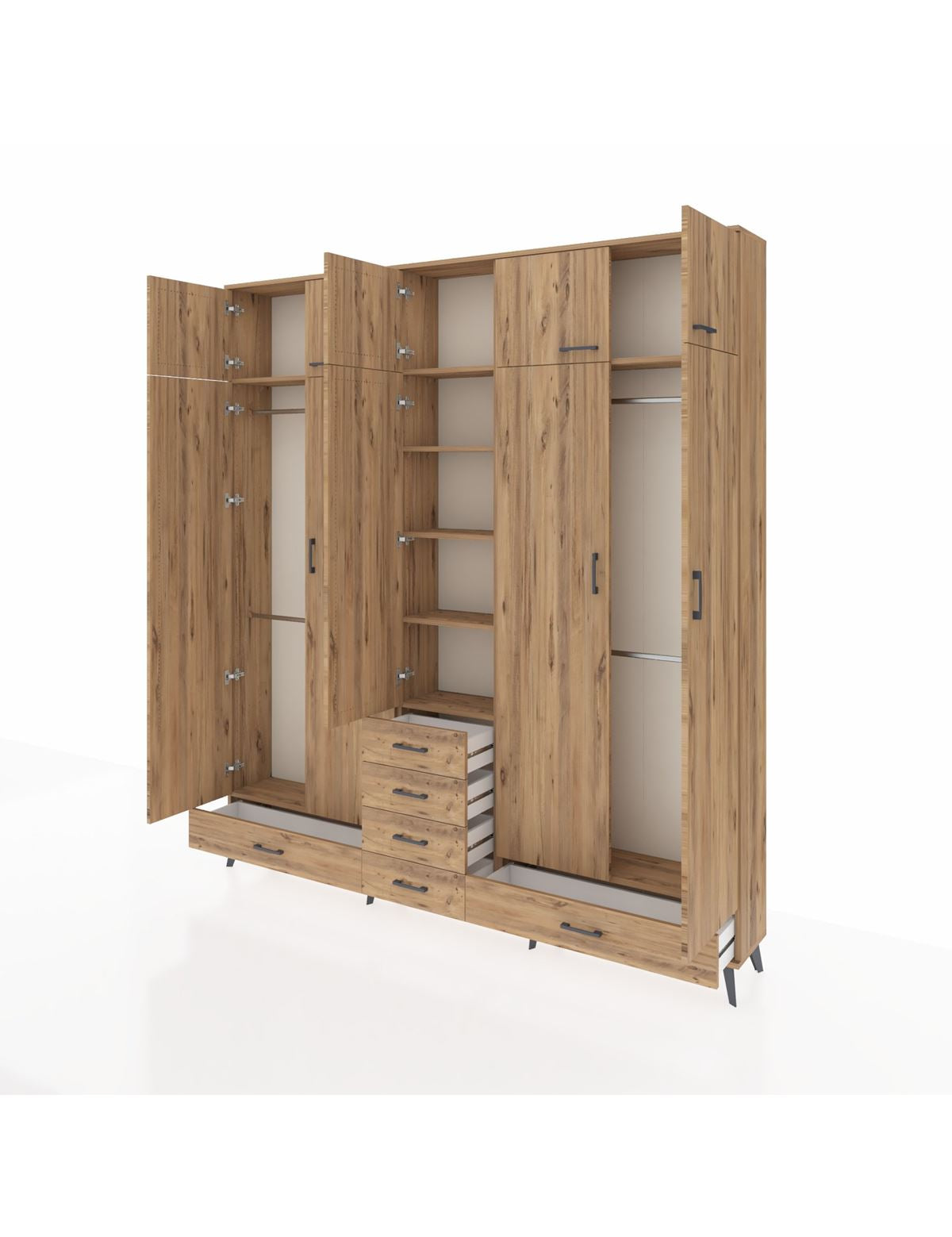 Arges Gardrop 6 Raflı 6 Çekmeceli 4 Askılı 220x30x243 Çam-Çam