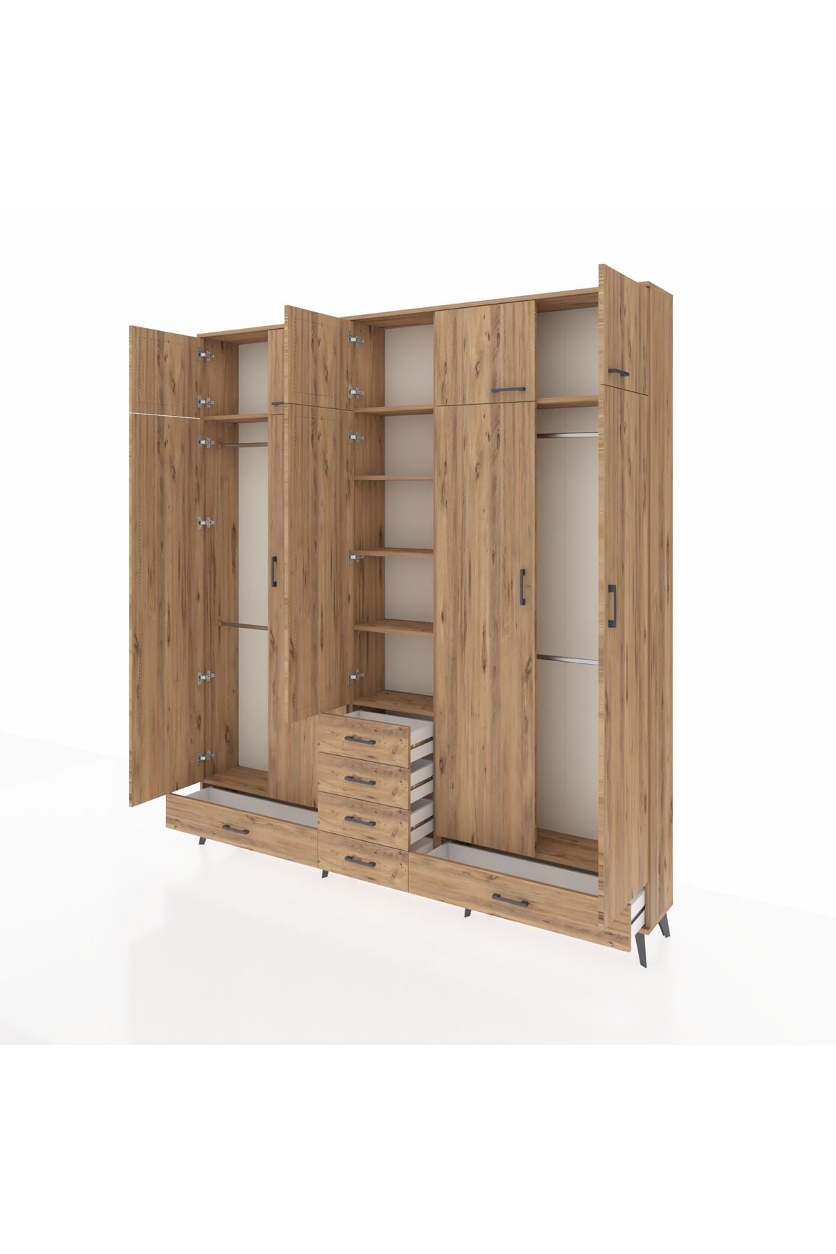 Arges Gardrop 6 Raflı 6 Çekmeceli 4 Askılı 220x30x243 Çam-Çam