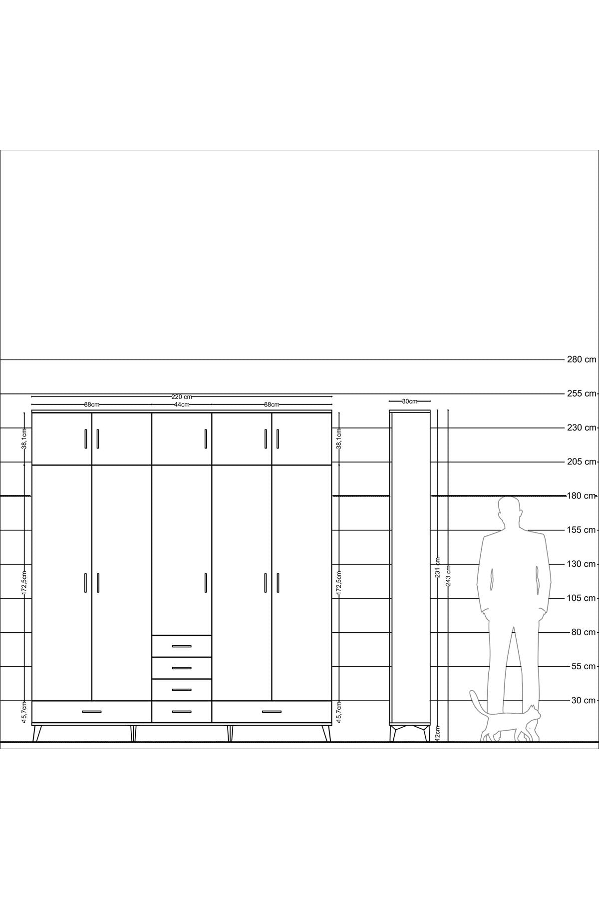 Arges Gardrop 6 Raflı 6 Çekmeceli 4 Askılı 220x30x243 Çam-Çam