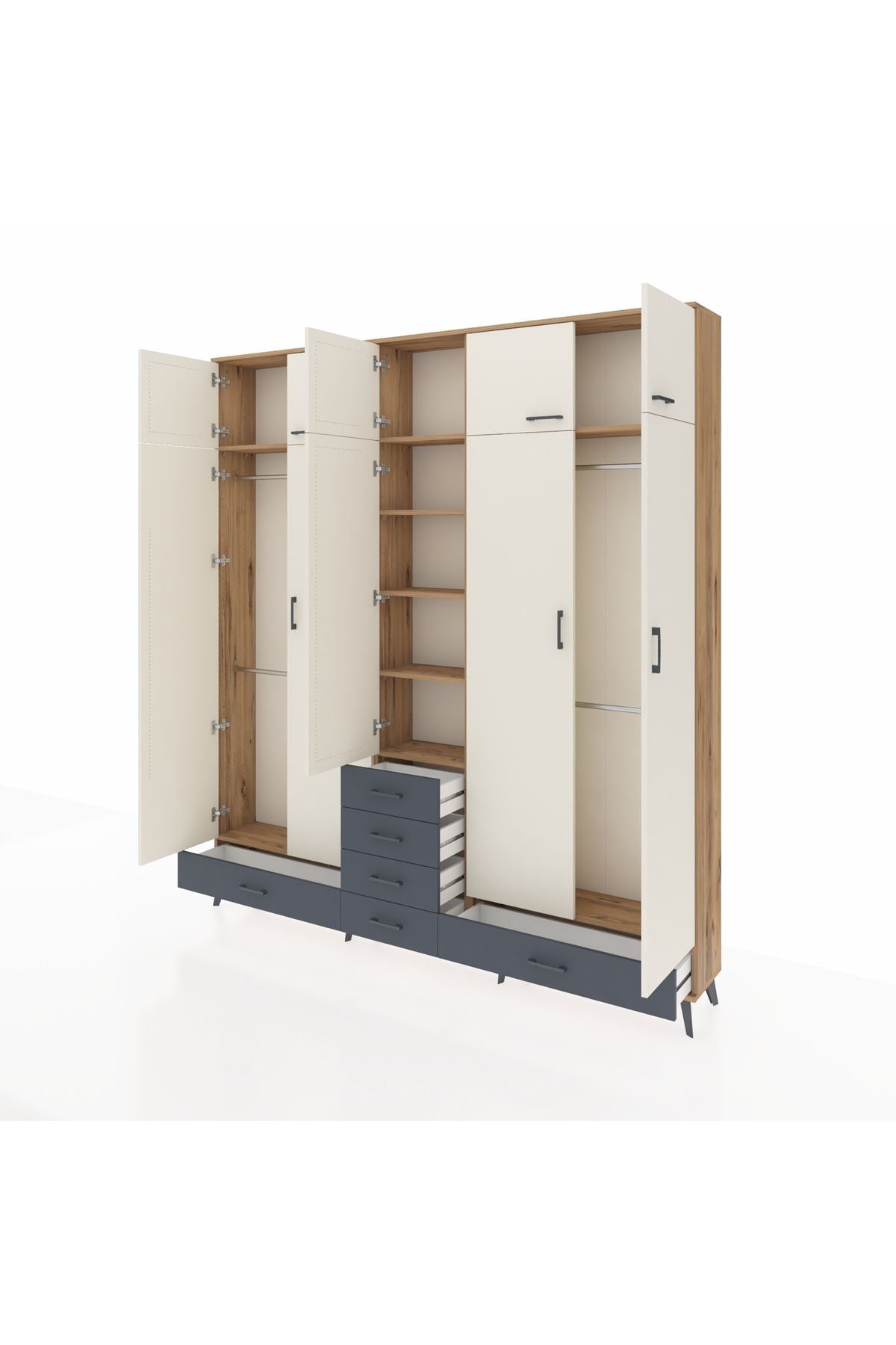 Arges Dolap 6 Raflı 6 Çekmeceli 4 Askılı 220x30x243 Çam-Aytaşı/Antrasit