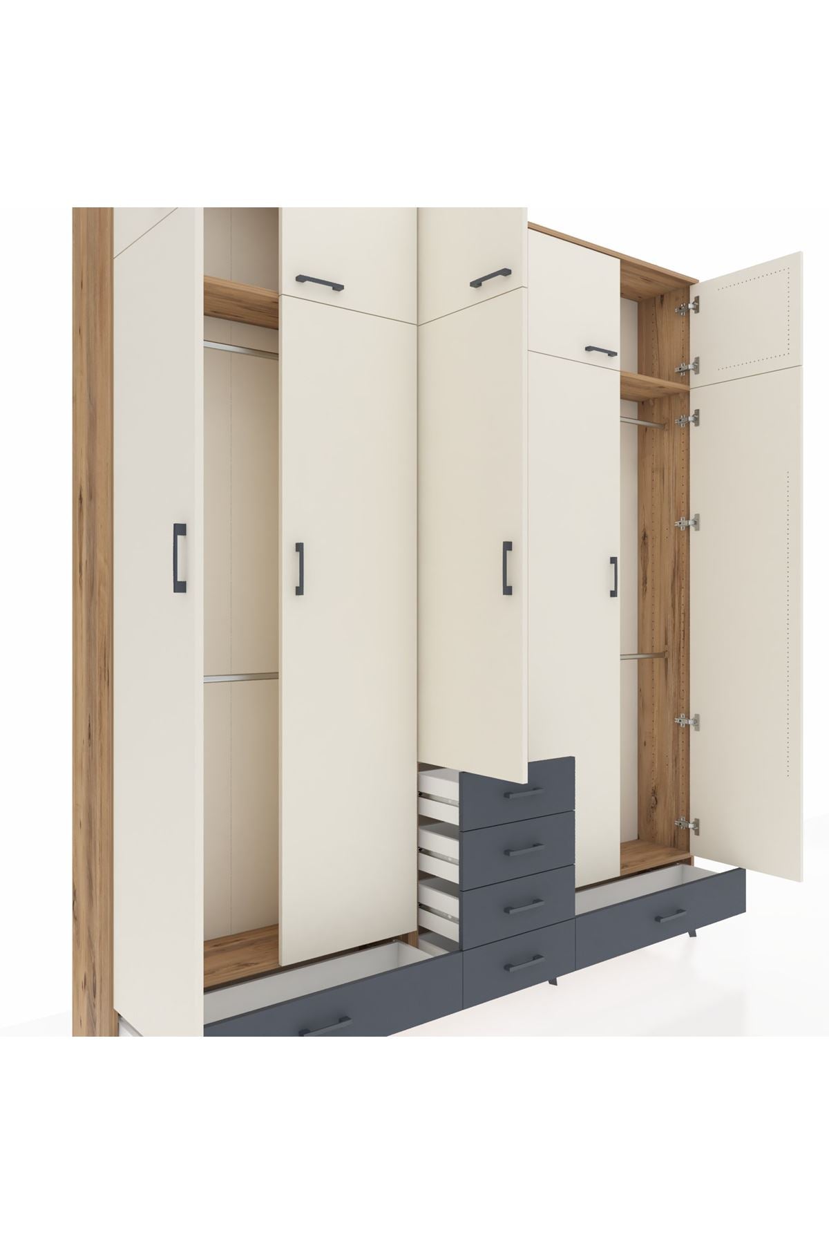 Arges Dolap 6 Raflı 6 Çekmeceli 4 Askılı 220x30x243 Çam-Aytaşı/Antrasit