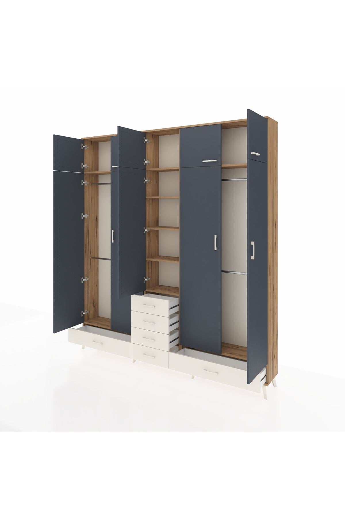 Arges Dolap 6 Raflı 6 Çekmeceli 4 Askılı 220x30x243 Çam-Antrasit/Aytaşı