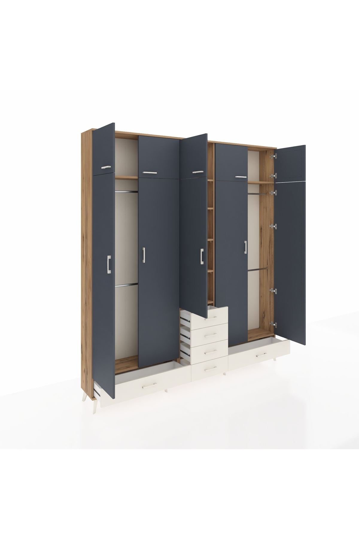 Arges Dolap 6 Raflı 6 Çekmeceli 4 Askılı 220x30x243 Çam-Antrasit/Aytaşı