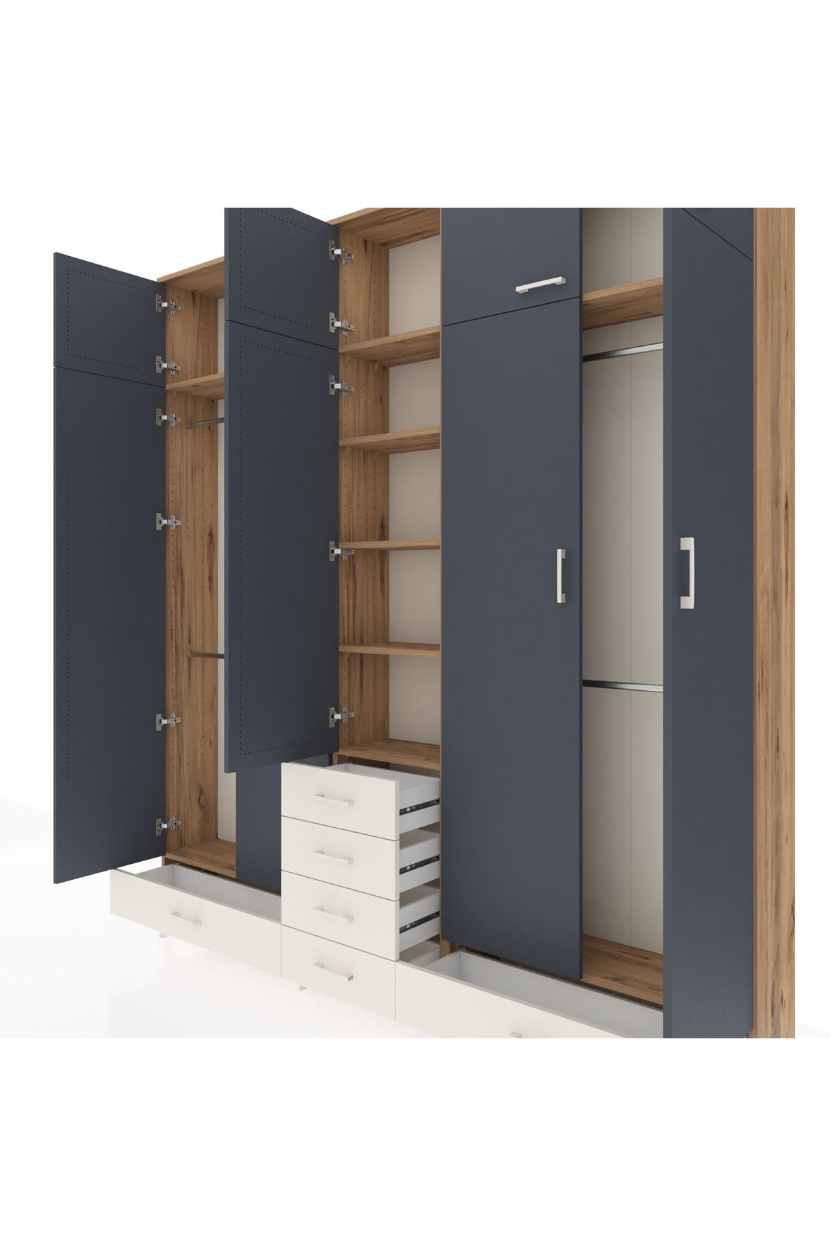 Arges Dolap 6 Raflı 6 Çekmeceli 4 Askılı 220x30x243 Çam-Antrasit/Aytaşı