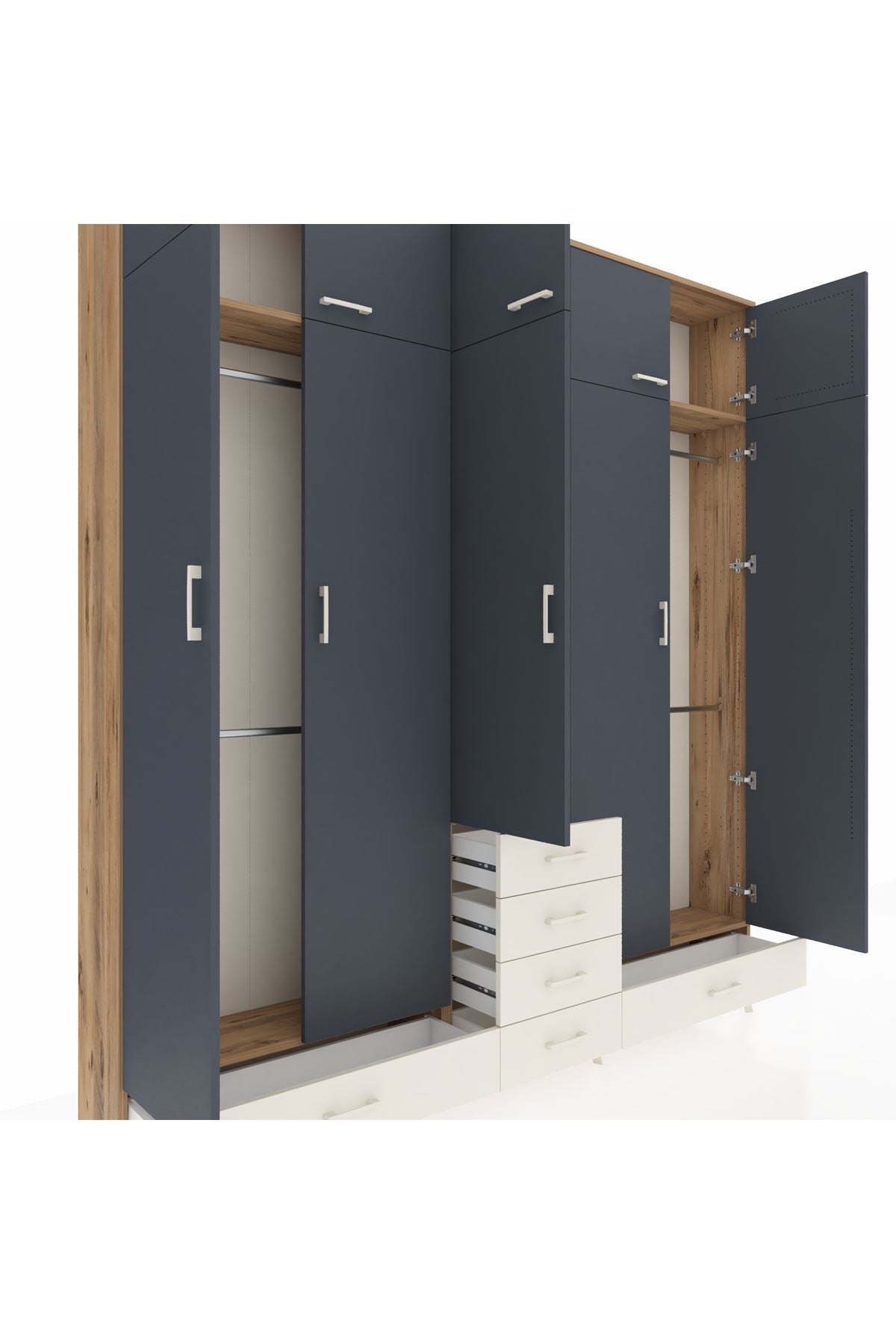 Arges Dolap 6 Raflı 6 Çekmeceli 4 Askılı 220x30x243 Çam-Antrasit/Aytaşı