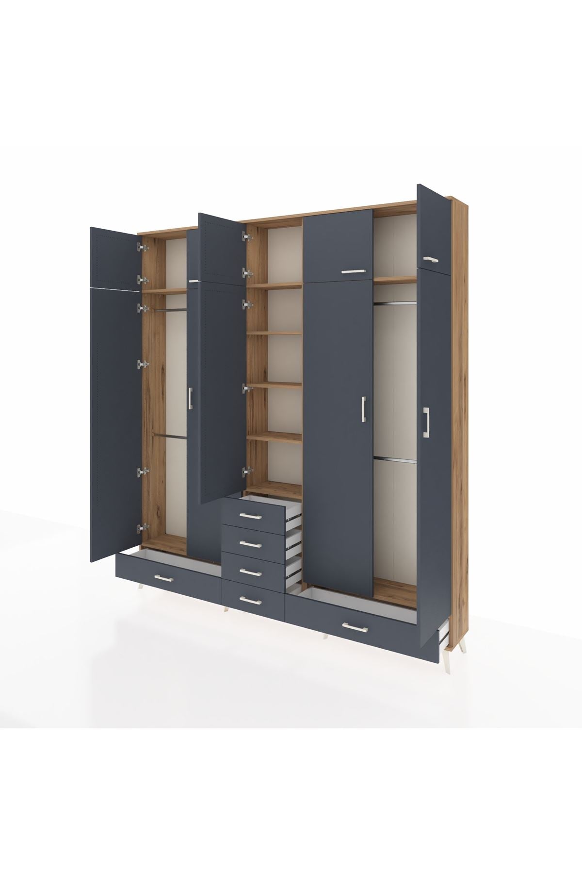 Arges Gardrop 6 Raflı 6 Çekmeceli 4 Askılı 220x30x243 Çam-Antrasit