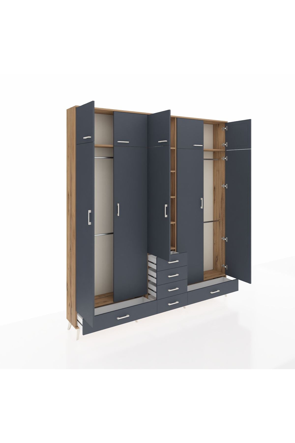 Arges Gardrop 6 Raflı 6 Çekmeceli 4 Askılı 220x30x243 Çam-Antrasit