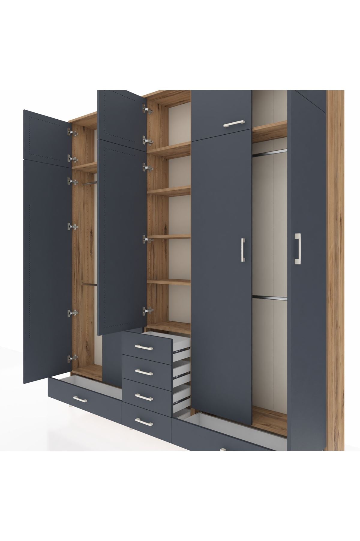 Arges Gardrop 6 Raflı 6 Çekmeceli 4 Askılı 220x30x243 Çam-Antrasit