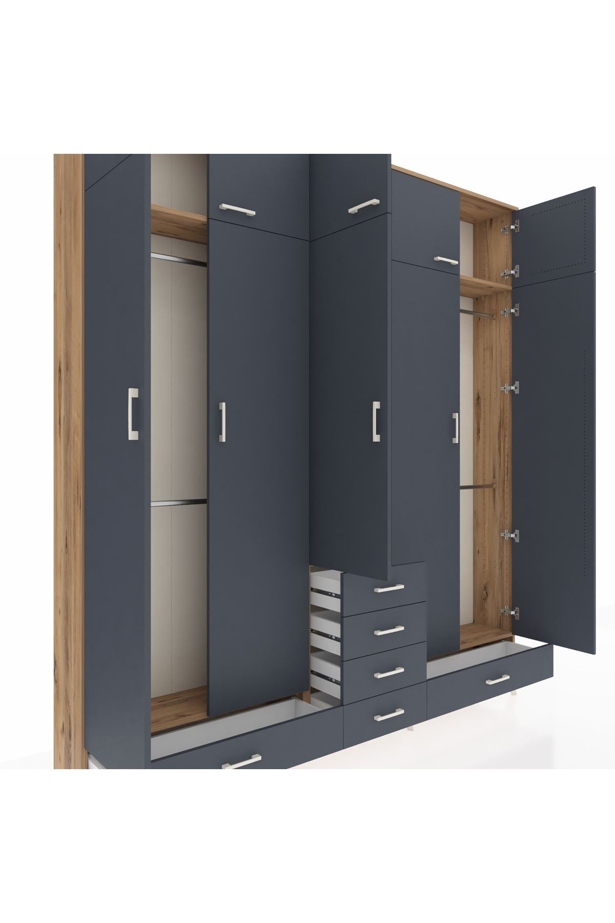 Arges Gardrop 6 Raflı 6 Çekmeceli 4 Askılı 220x30x243 Çam-Antrasit