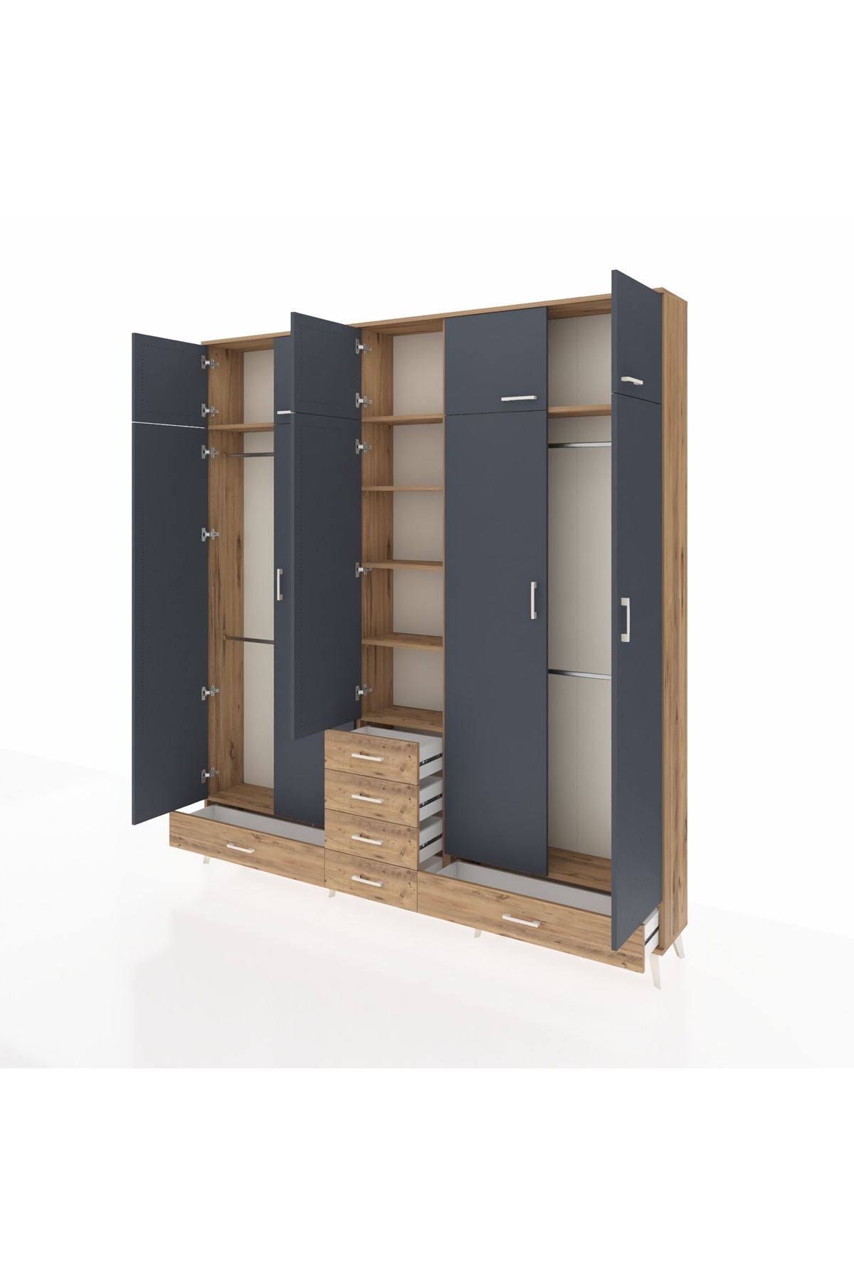 Arges Dolap 6 Raflı 6 Çekmeceli 4 Askılı 220x30x243 Çam-Antrasit/Çam