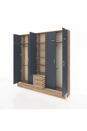 Arges Dolap 6 Raflı 6 Çekmeceli 4 Askılı 220x30x243 Çam-Antrasit/Çam