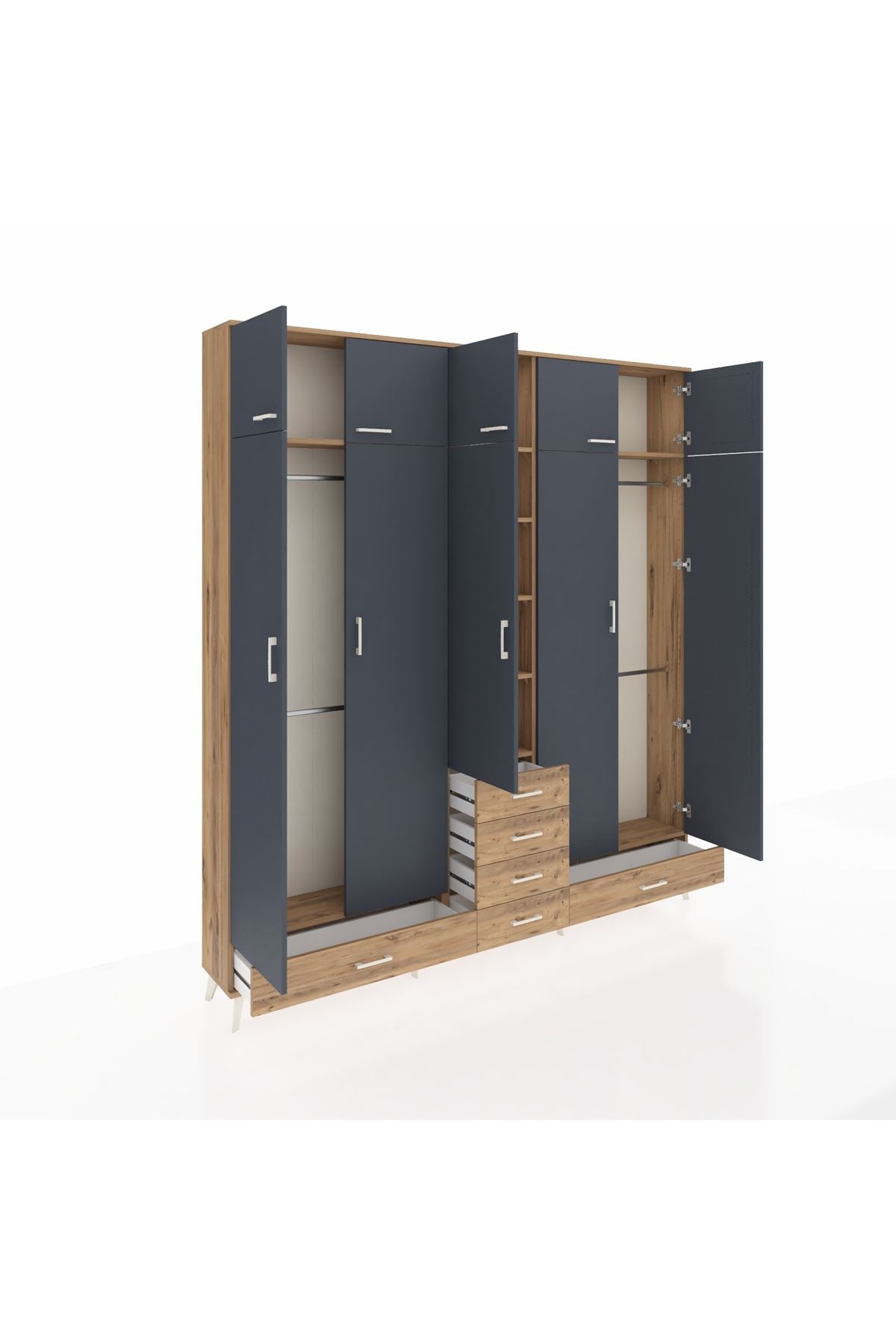 Arges Dolap 6 Raflı 6 Çekmeceli 4 Askılı 220x30x243 Çam-Antrasit/Çam