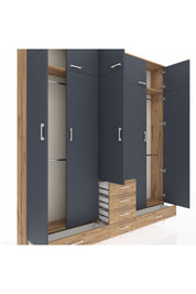 Arges Dolap 6 Raflı 6 Çekmeceli 4 Askılı 220x30x243 Çam-Antrasit/Çam