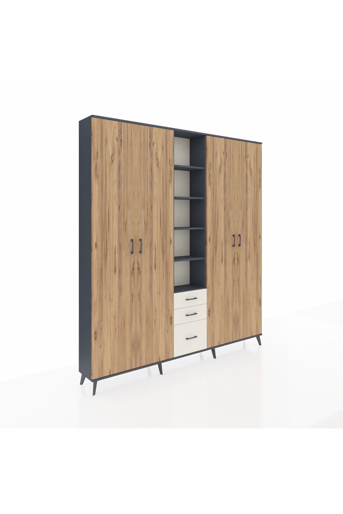 Arges Dolap 17 Raflı 3 Çekmeceli 4 Kapaklı 220x30x243 Antrasit-Çam/Aytaşı