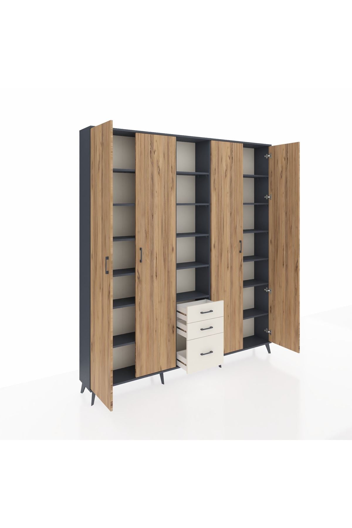 Arges Dolap 17 Raflı 3 Çekmeceli 4 Kapaklı 220x30x243 Antrasit-Çam/Aytaşı