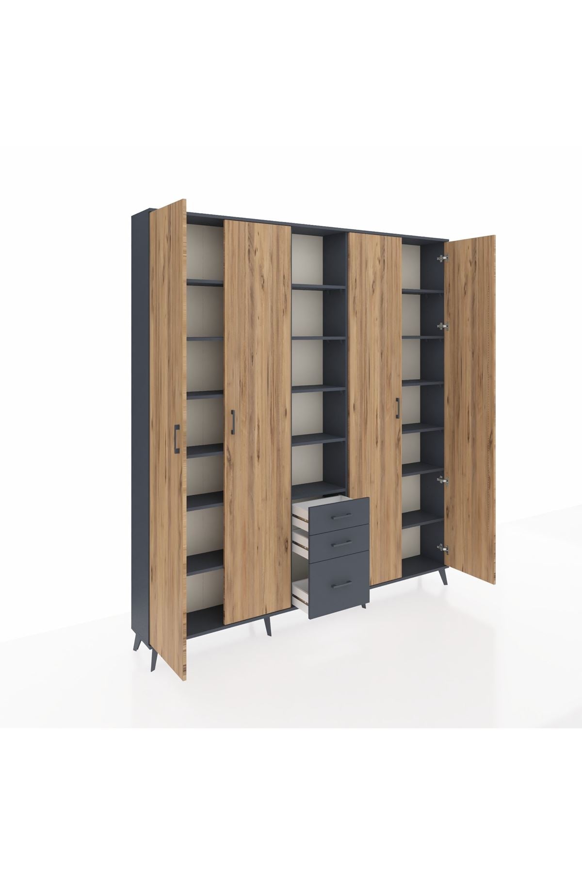 Arges Dolap 17 Raflı 3 Çekmeceli 4 Kapaklı 220x30x243 Antrasit-Çam/Antrasit