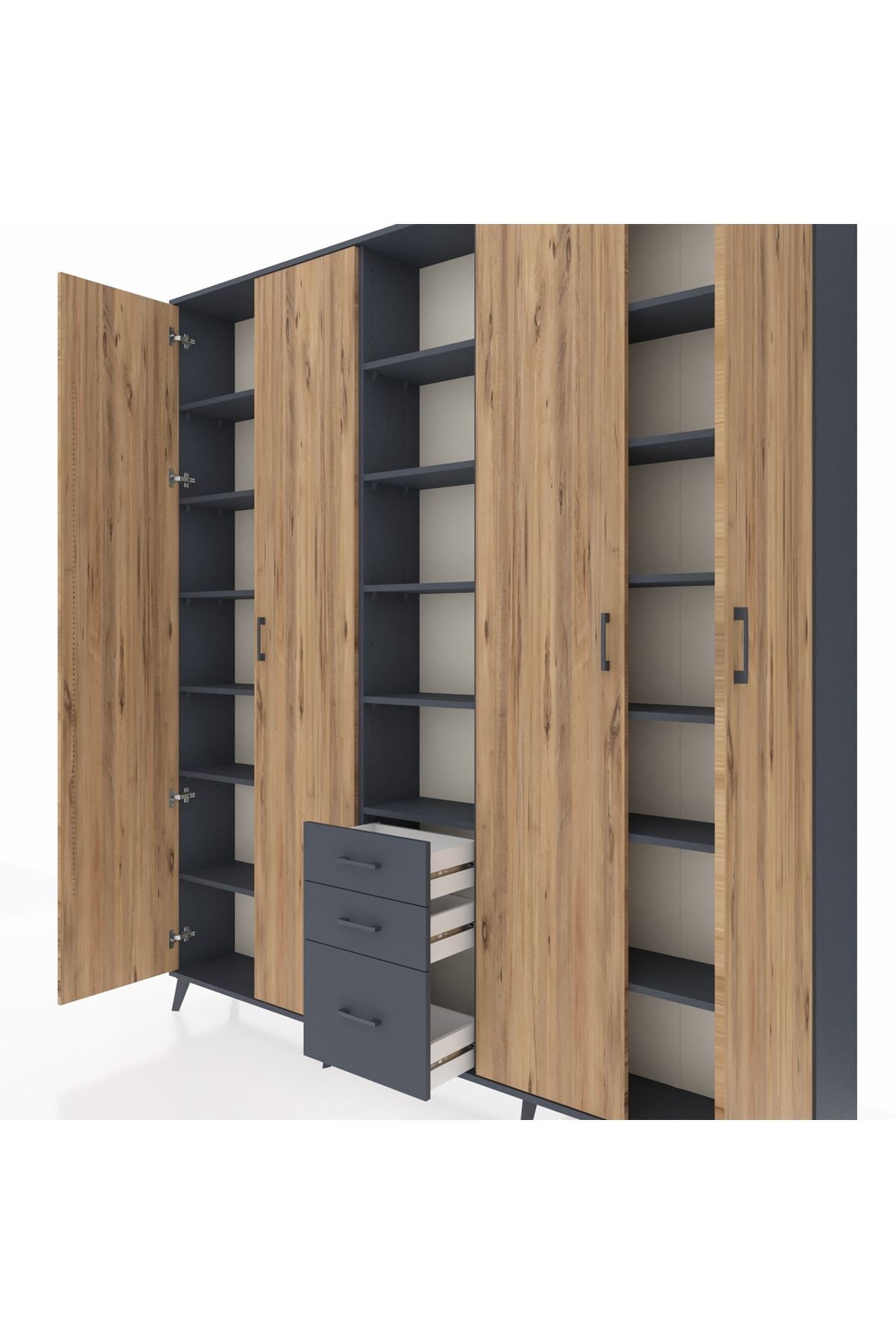 Arges Dolap 17 Raflı 3 Çekmeceli 4 Kapaklı 220x30x243 Antrasit-Çam/Antrasit