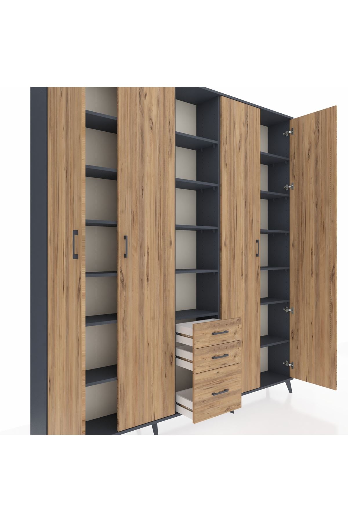 Arges Gardrop 17 Raflı 3 Çekmeceli 4 Kapaklı 220x30x243 Antrasit-Çam