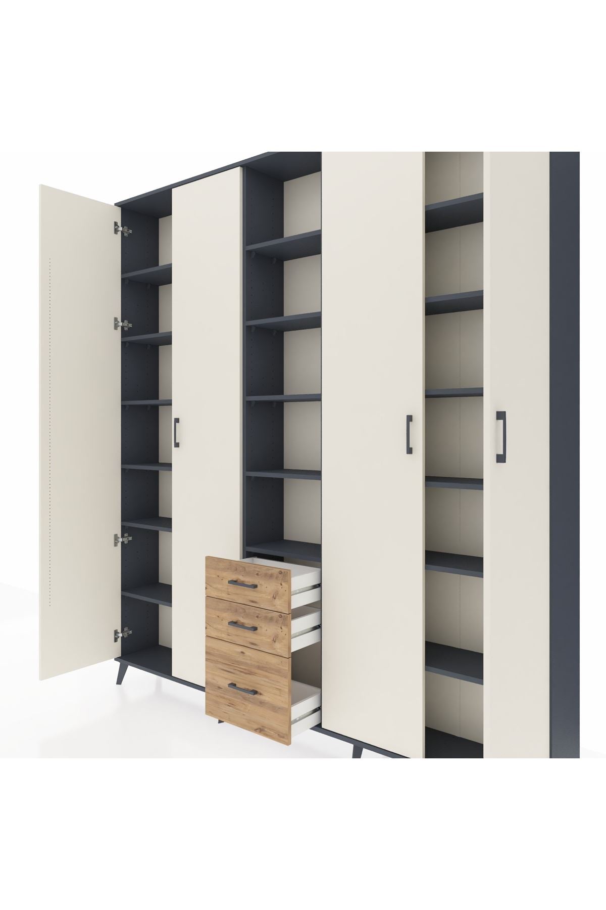 Arges Dolap 17 Raflı 3 Çekmeceli 4 Kapaklı 220x30x243 Antrasit-Aytaşı/Çam