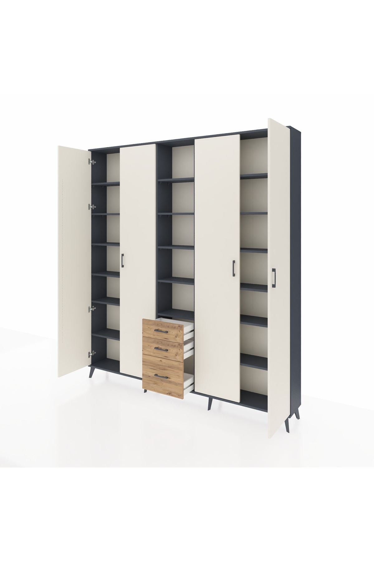 Arges Dolap 17 Raflı 3 Çekmeceli 4 Kapaklı 220x30x243 Antrasit-Aytaşı/Çam