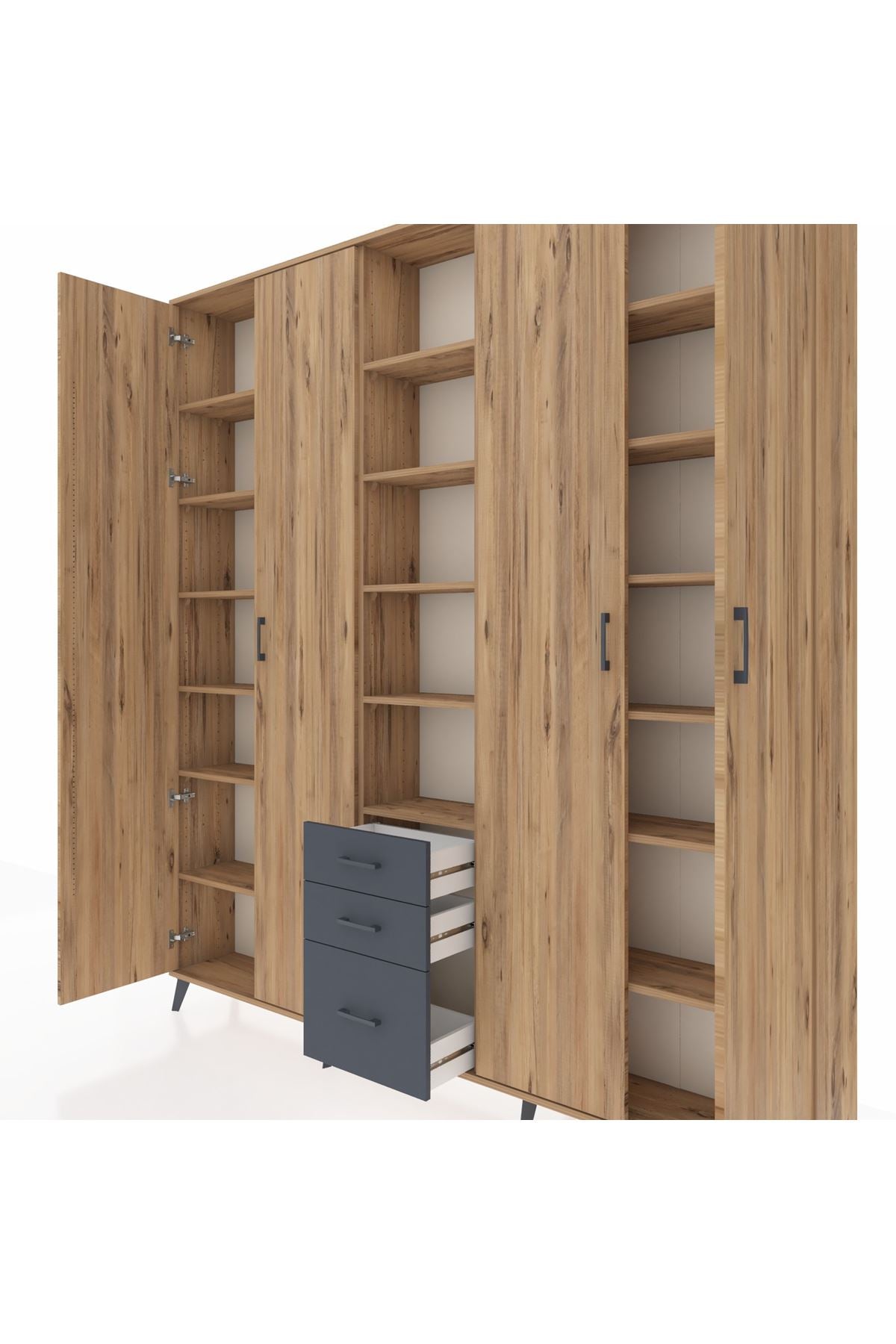 Arges Dolap 17 Raflı 3 Çekmeceli 4 Kapaklı 220x30x243 Çam-Çam/Antrasit
