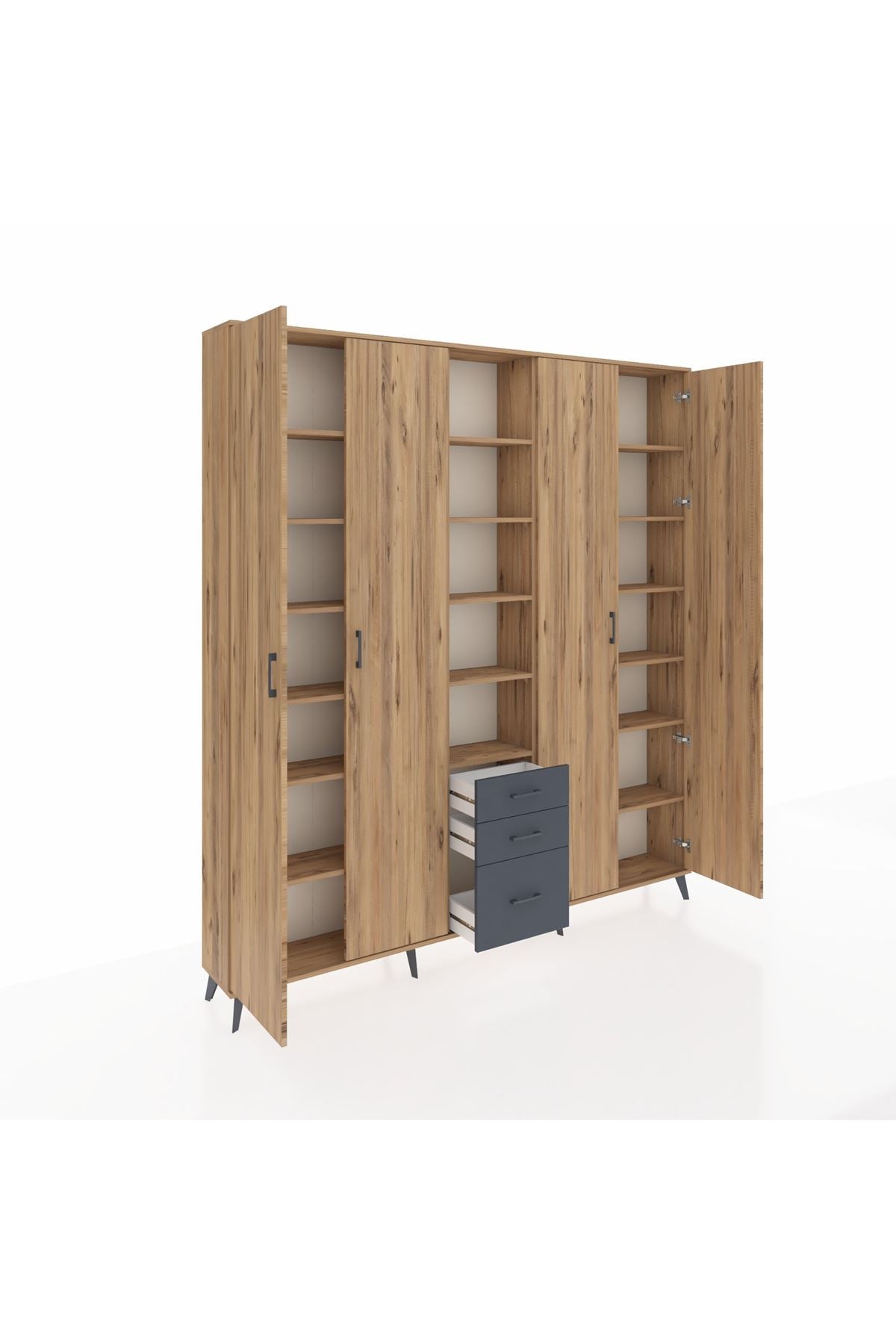 Arges Dolap 17 Raflı 3 Çekmeceli 4 Kapaklı 220x30x243 Çam-Çam/Antrasit