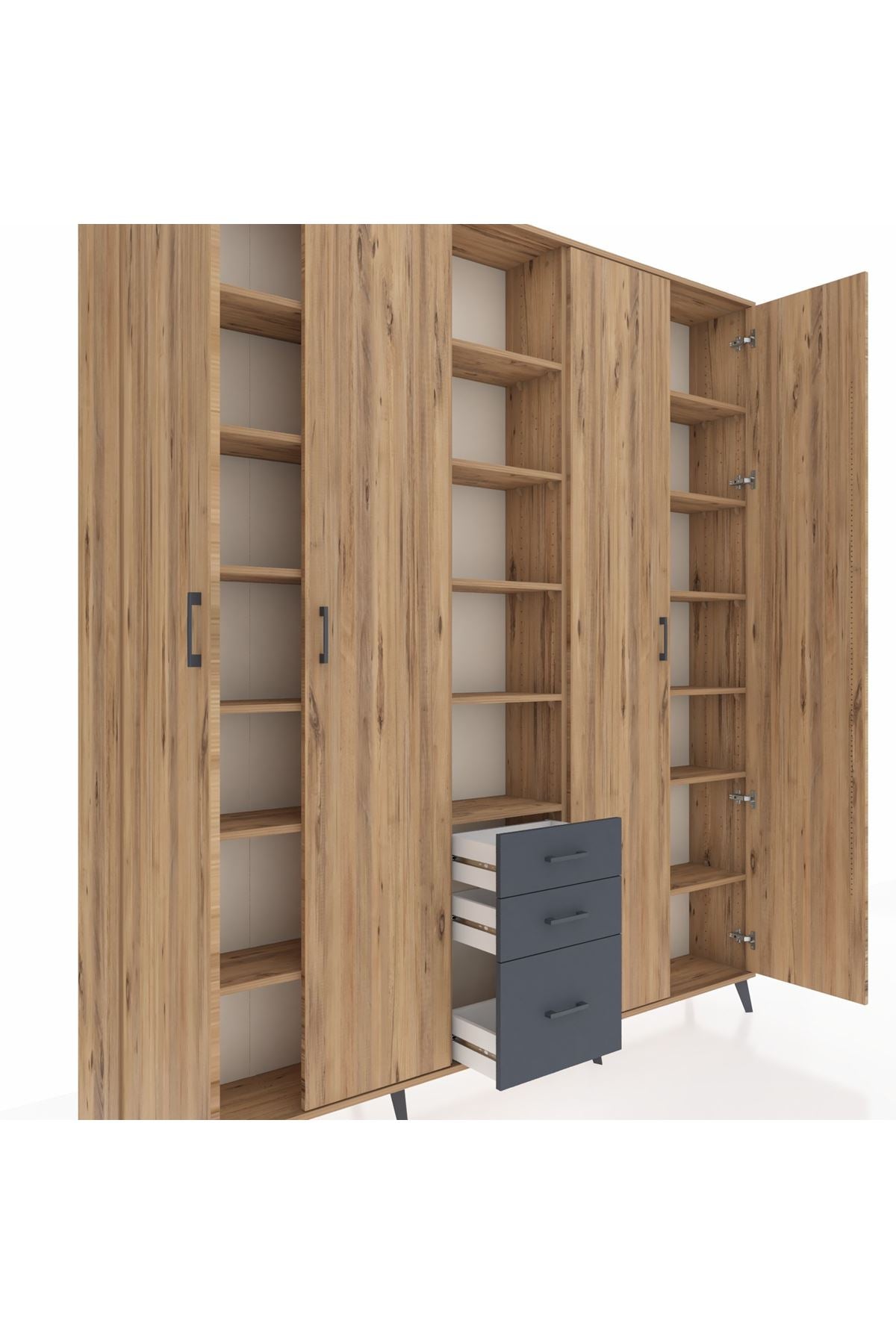 Arges Dolap 17 Raflı 3 Çekmeceli 4 Kapaklı 220x30x243 Çam-Çam/Antrasit