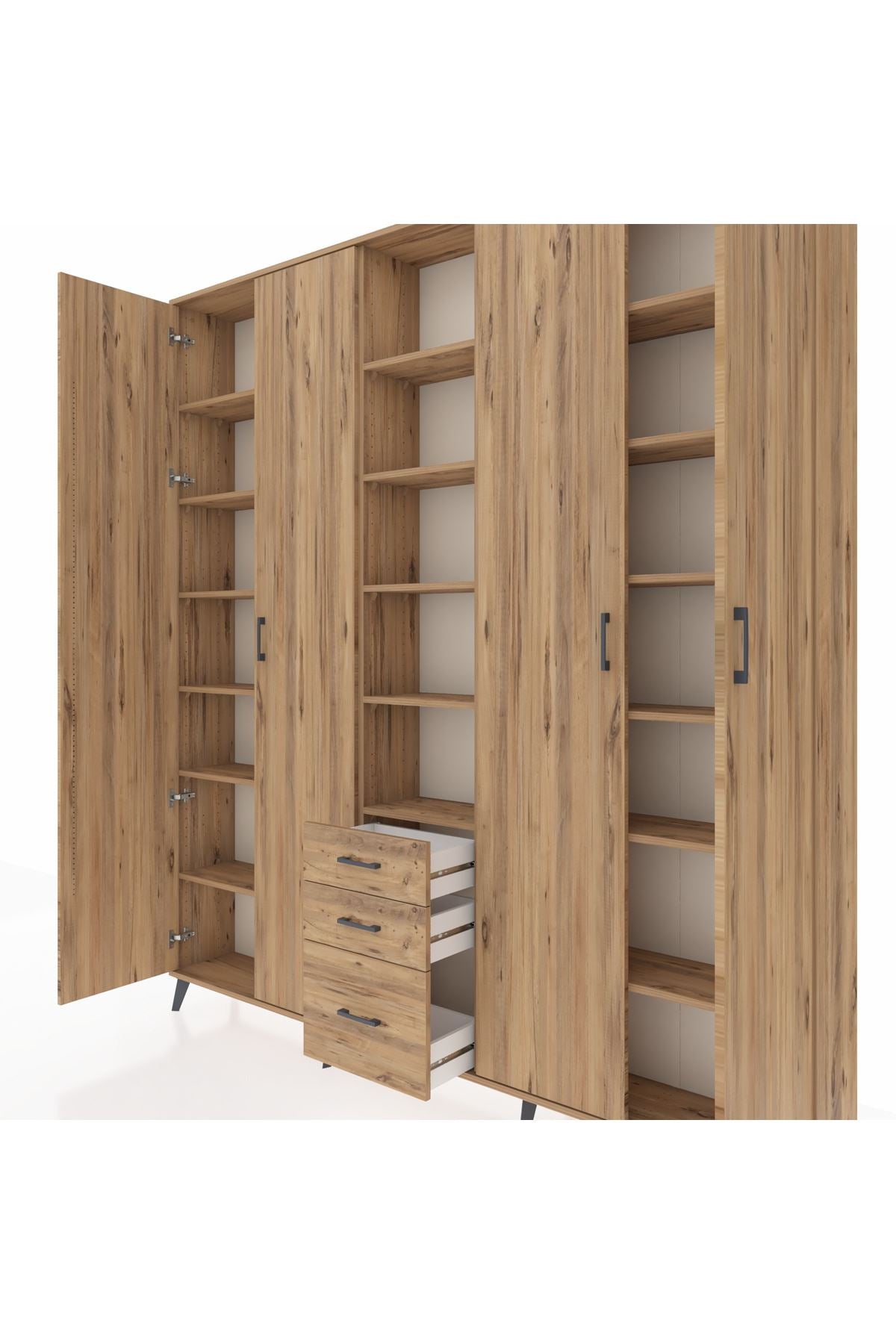 Arges Gardrop 17 Raflı 3 Çekmeceli 4 Kapaklı 220x30x243 Çam-Çam