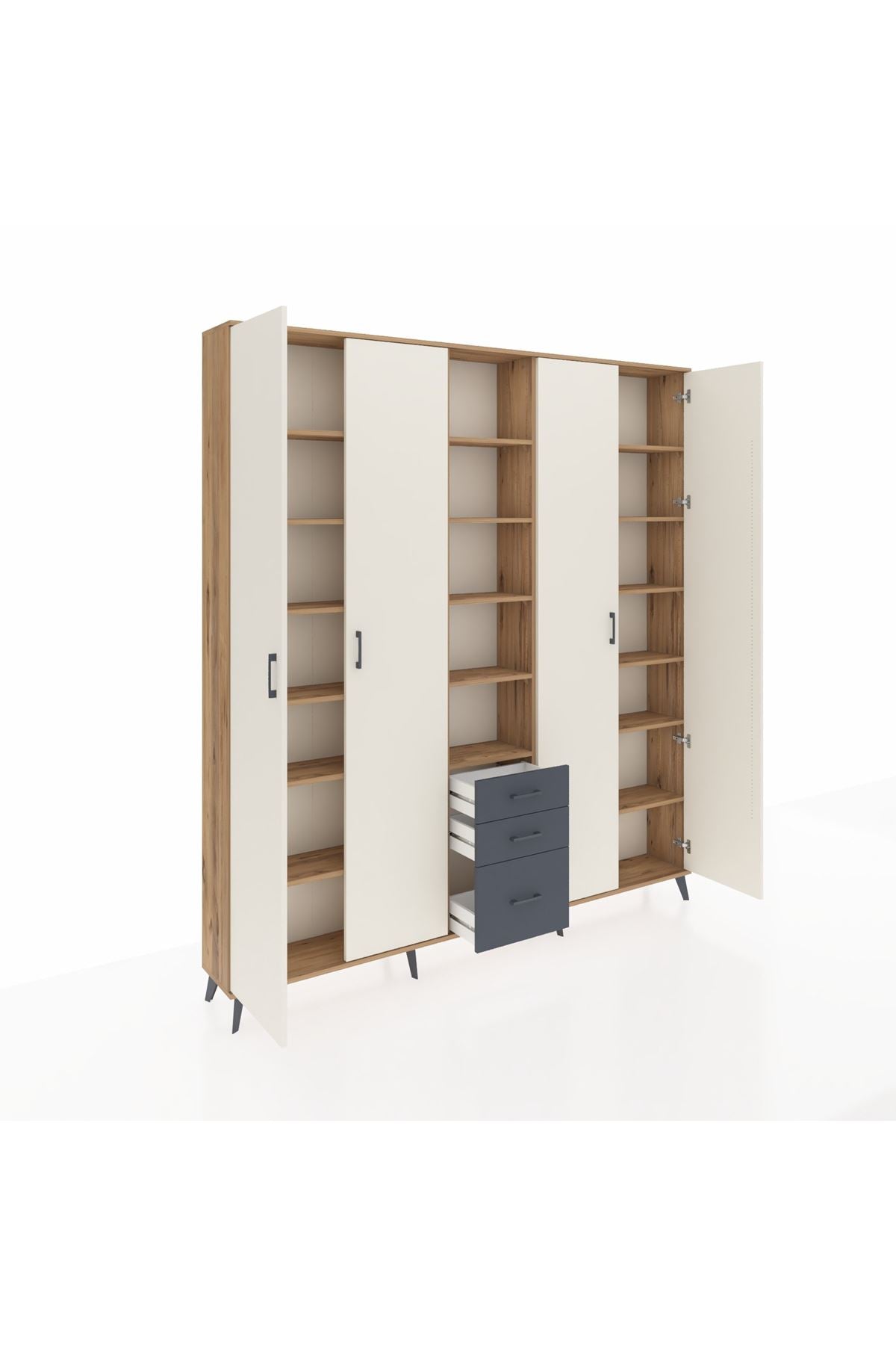 Arges Dolap 17 Raflı 3 Çekmeceli 4 Kapaklı 220x30x243 Çam-Aytaşı/Antrasit