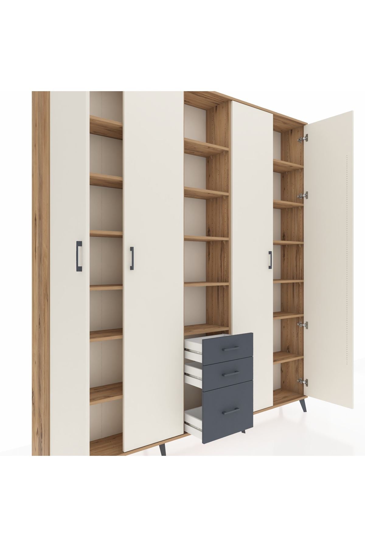 Arges Dolap 17 Raflı 3 Çekmeceli 4 Kapaklı 220x30x243 Çam-Aytaşı/Antrasit