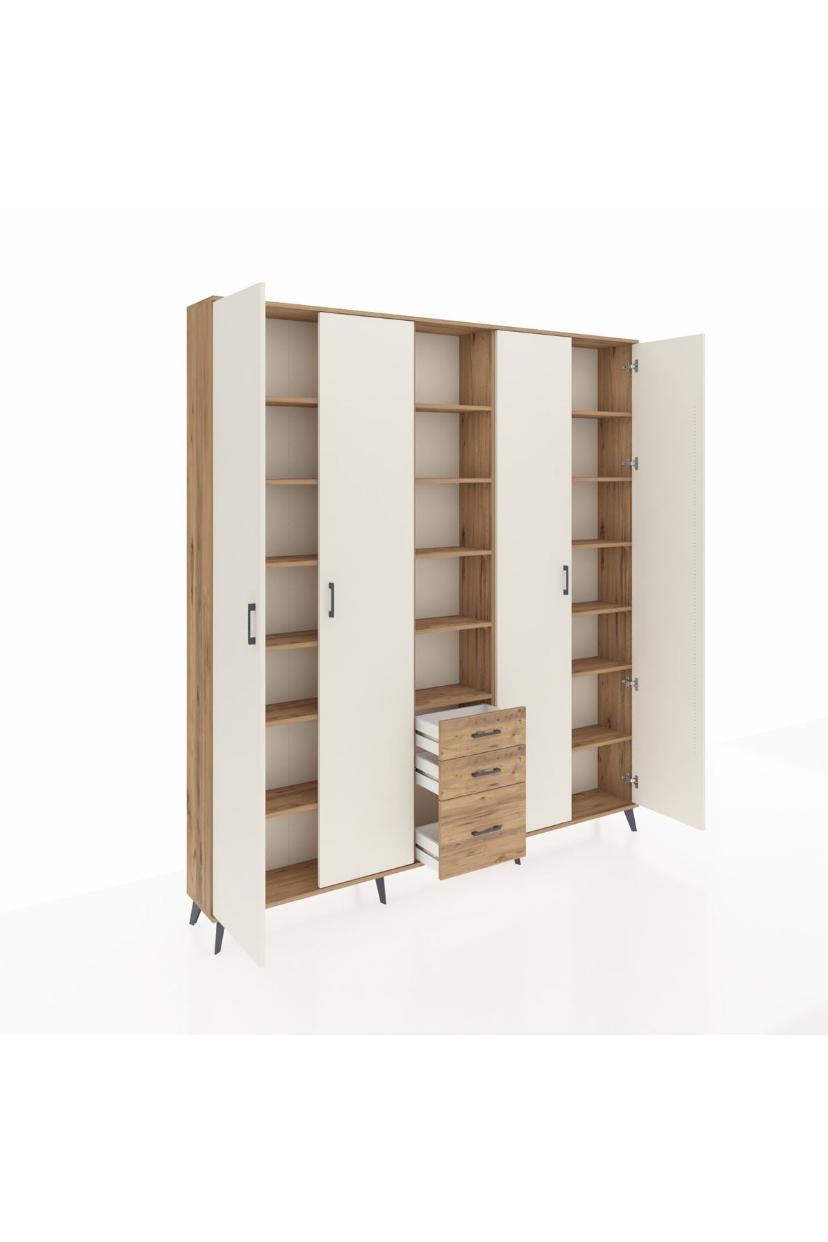 Arges Dolap 17 Raflı 3 Çekmeceli 4 Kapaklı 220x30x243 Çam-Aytaşı/Çam