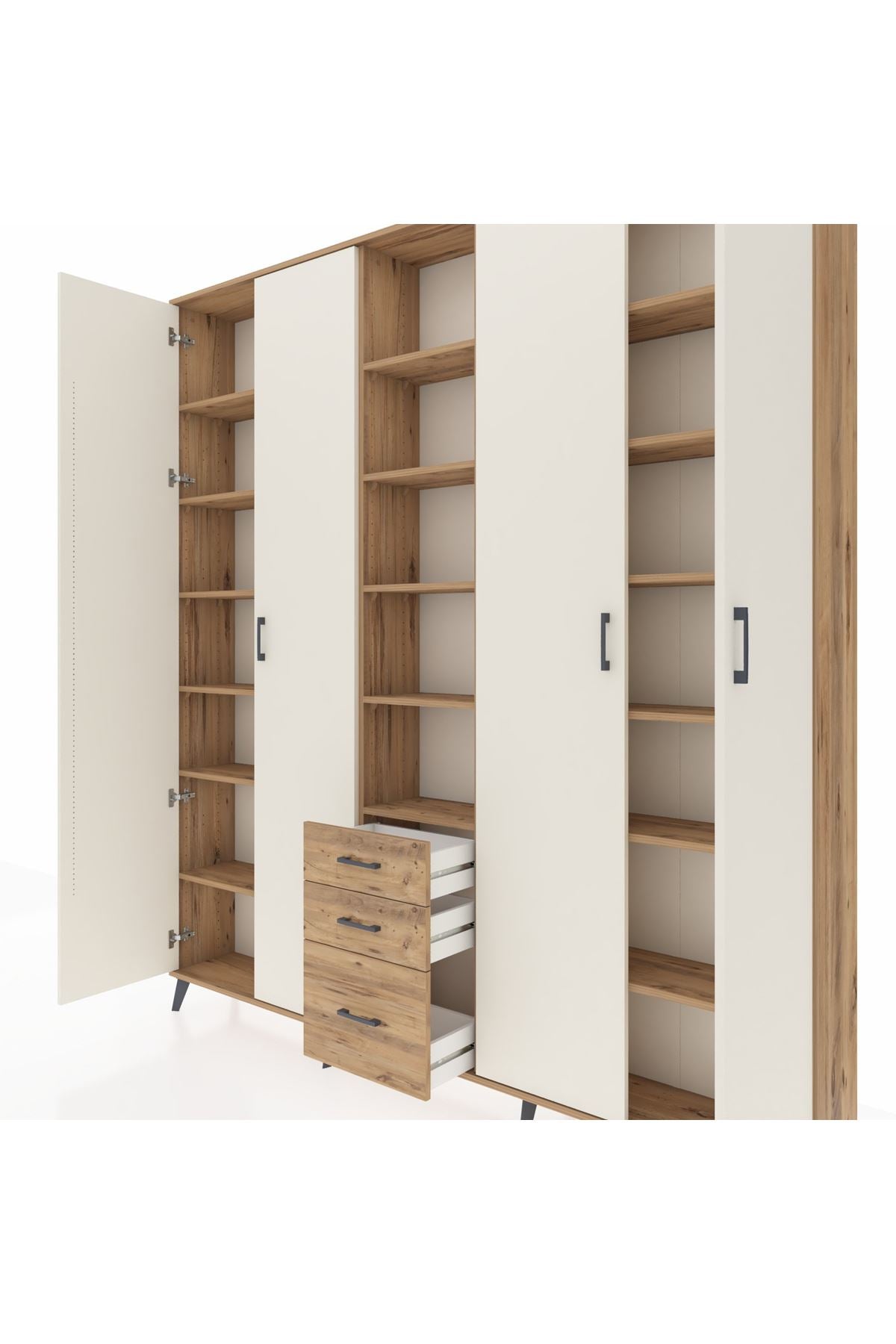 Arges Dolap 17 Raflı 3 Çekmeceli 4 Kapaklı 220x30x243 Çam-Aytaşı/Çam