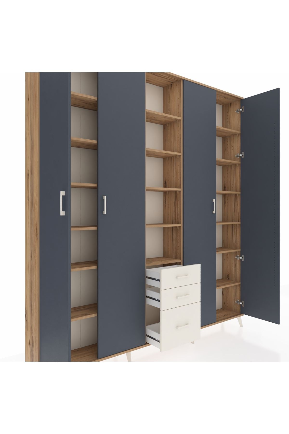 Arges Dolap 17 Raflı 3 Çekmeceli 4 Kapaklı 220x30x243 Çam-Antrasit/Aytaşı