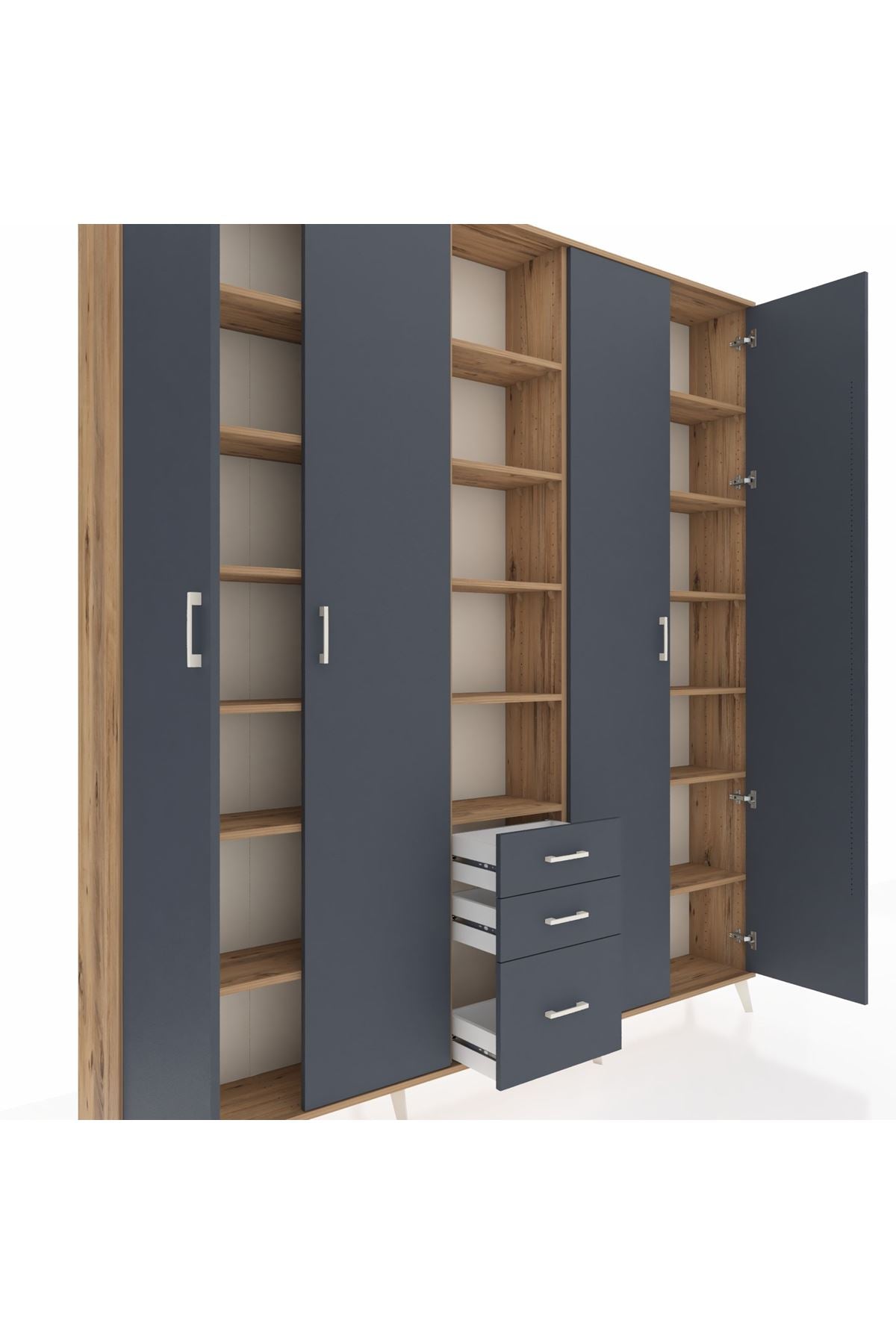 Arges Gardrop 17 Raflı 3 Çekmeceli 4 Kapaklı 220x30x243 Çam-Antrasit