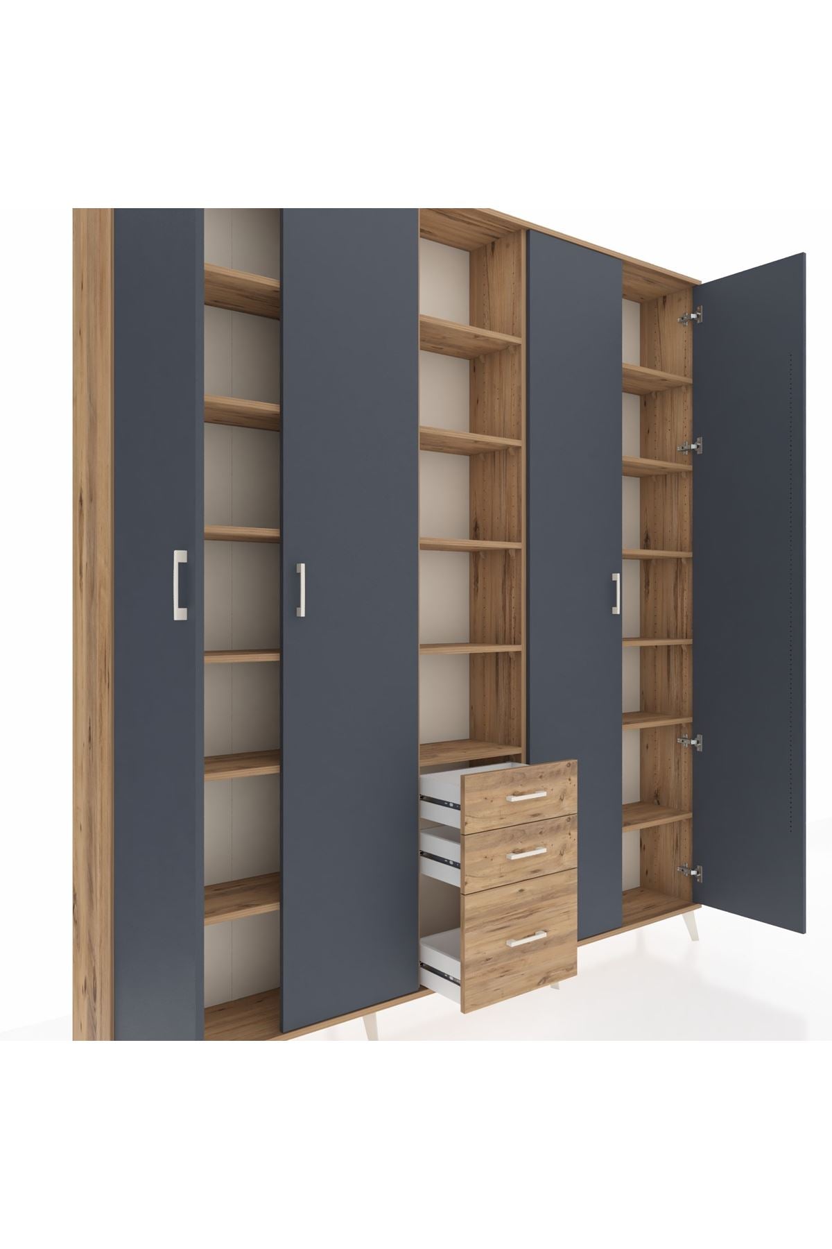 Arges Dolap 17 Raflı 3 Çekmeceli 4 Kapaklı 220x30x243 Çam-Antrasit/Çam