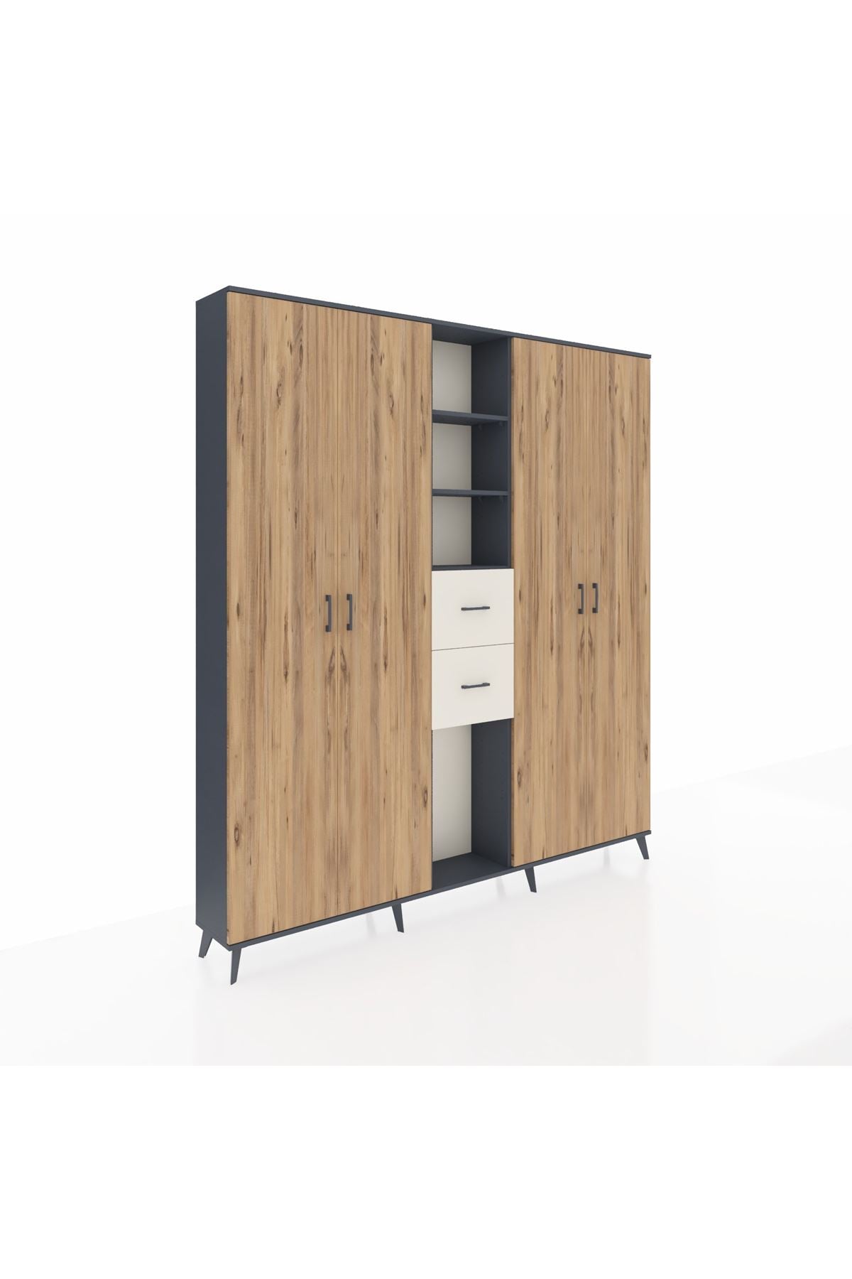 Arges Dolap 15 Raflı 2 Çekmeceli 4 Kapaklı 220x30x243 Antrasit-Çam/Aytaşı