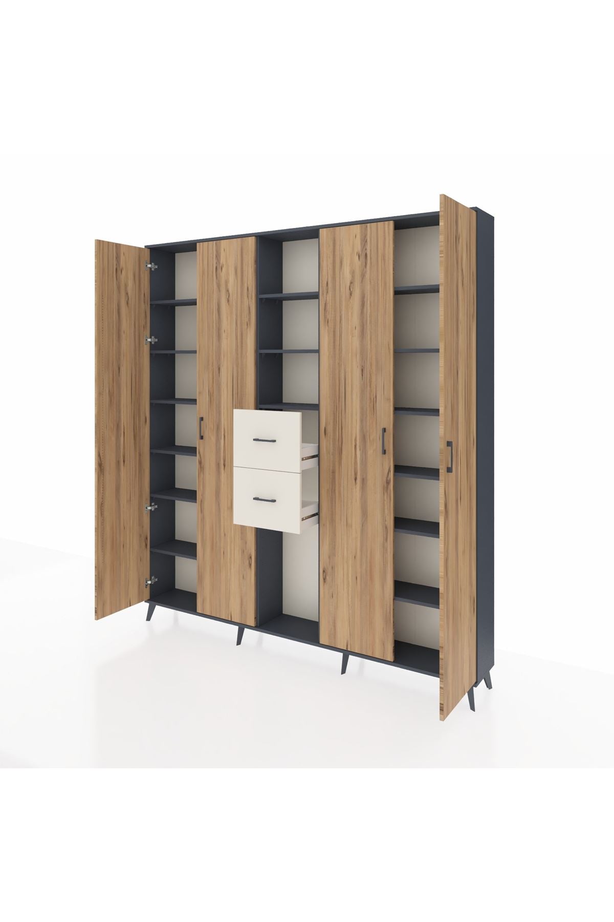 Arges Dolap 15 Raflı 2 Çekmeceli 4 Kapaklı 220x30x243 Antrasit-Çam/Aytaşı