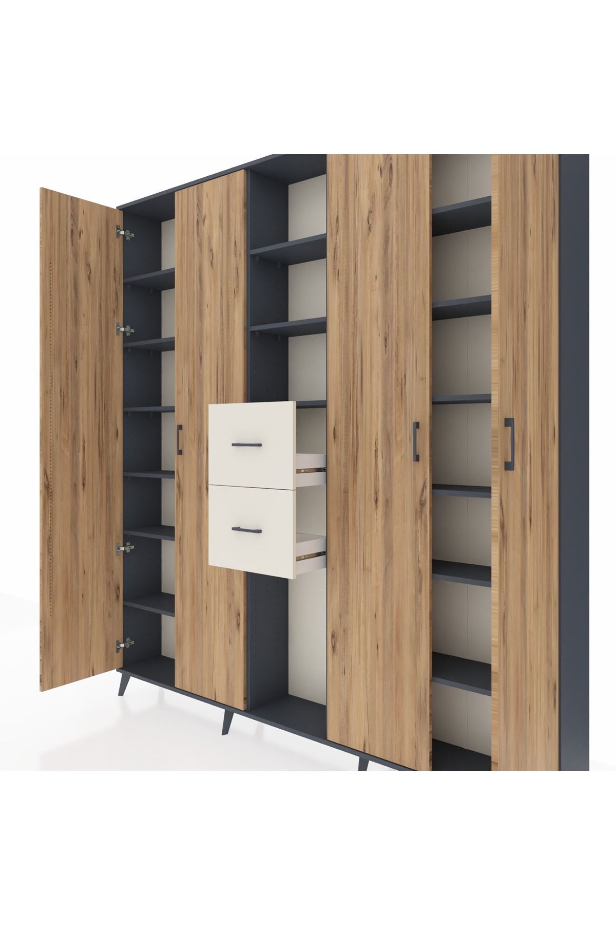 Arges Dolap 15 Raflı 2 Çekmeceli 4 Kapaklı 220x30x243 Antrasit-Çam/Aytaşı