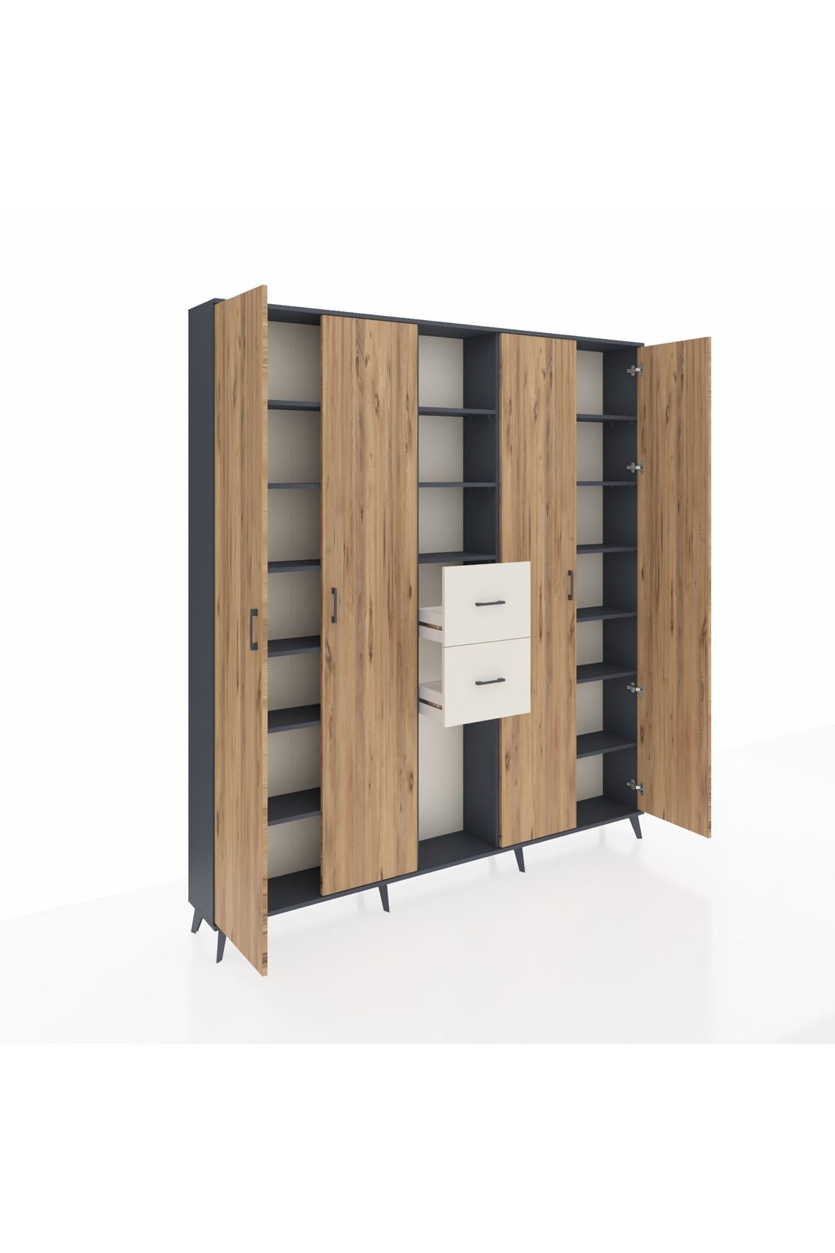 Arges Dolap 15 Raflı 2 Çekmeceli 4 Kapaklı 220x30x243 Antrasit-Çam/Aytaşı