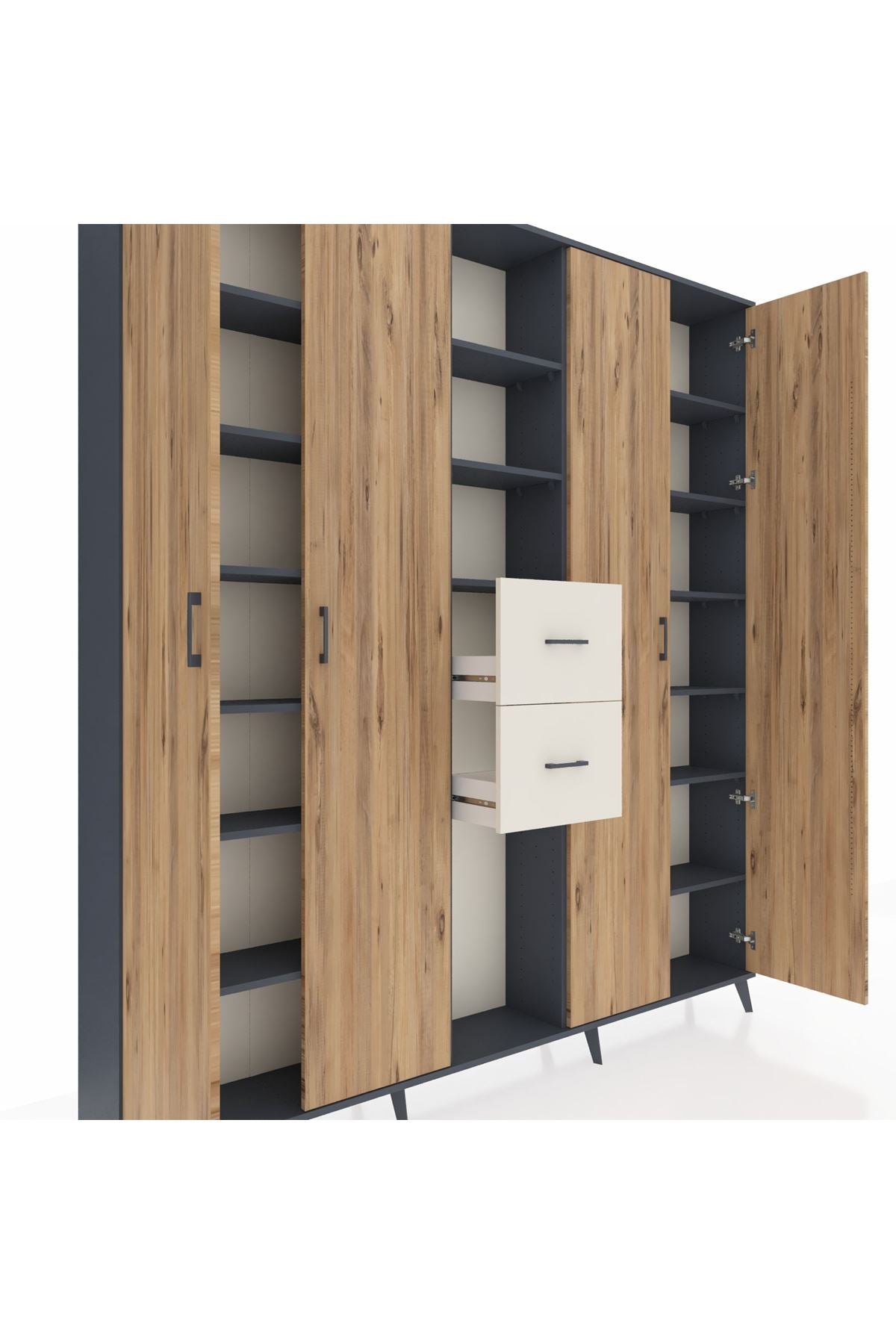 Arges Dolap 15 Raflı 2 Çekmeceli 4 Kapaklı 220x30x243 Antrasit-Çam/Aytaşı