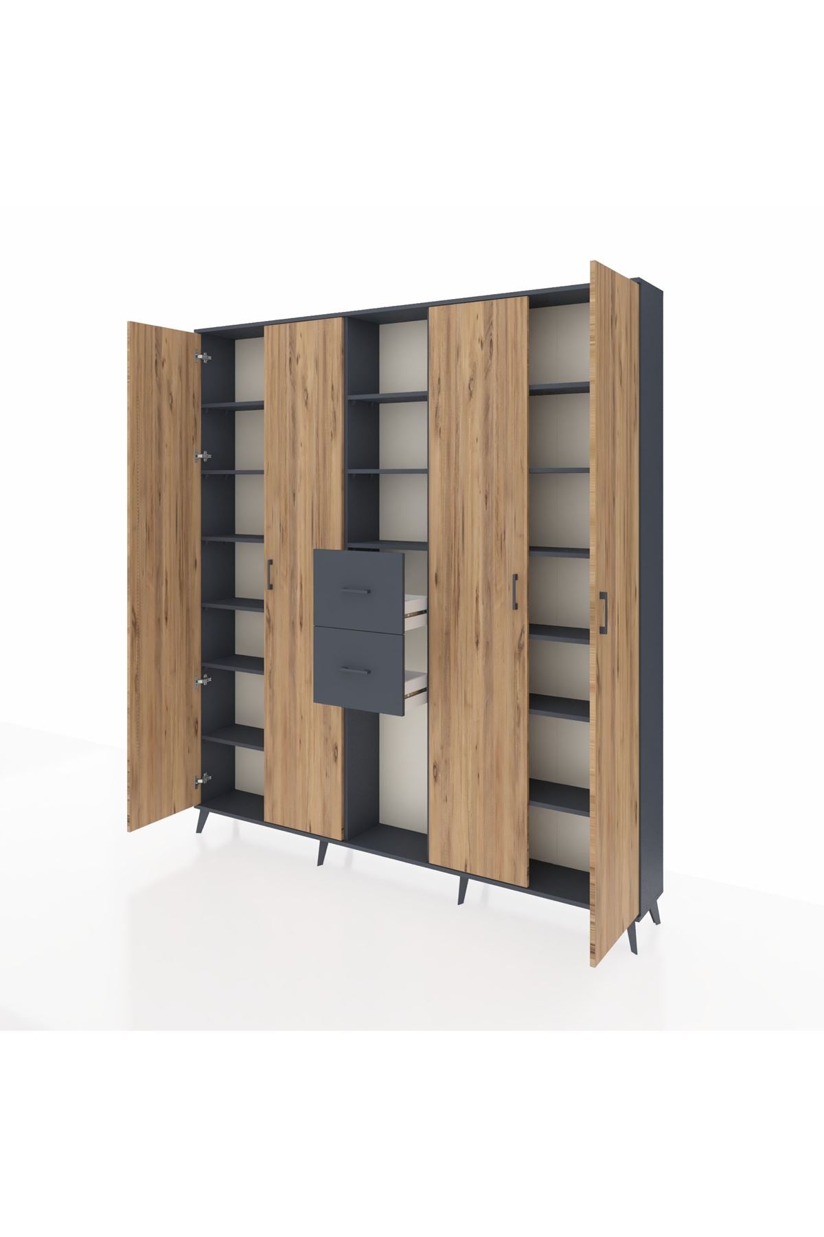 Arges Dolap 15 Raflı 2 Çekmeceli 4 Kapaklı 220x30x243 Antrasit-Çam/Antrasit