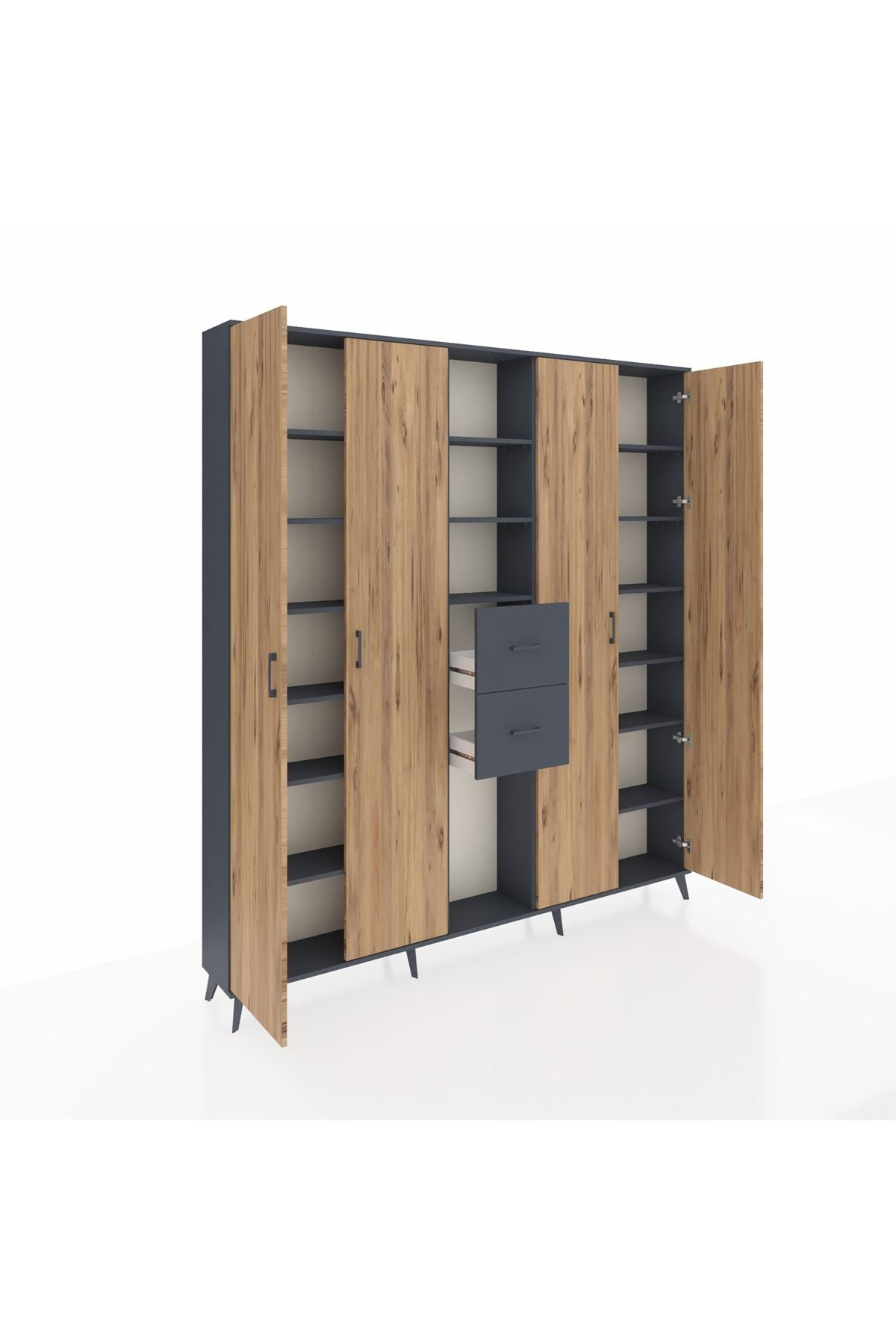 Arges Dolap 15 Raflı 2 Çekmeceli 4 Kapaklı 220x30x243 Antrasit-Çam/Antrasit