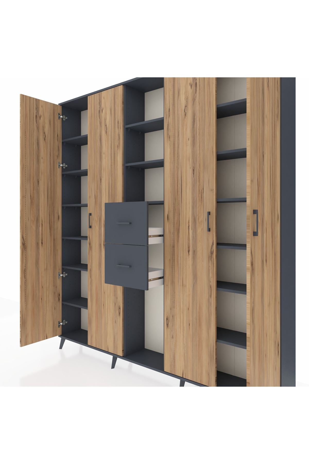Arges Dolap 15 Raflı 2 Çekmeceli 4 Kapaklı 220x30x243 Antrasit-Çam/Antrasit