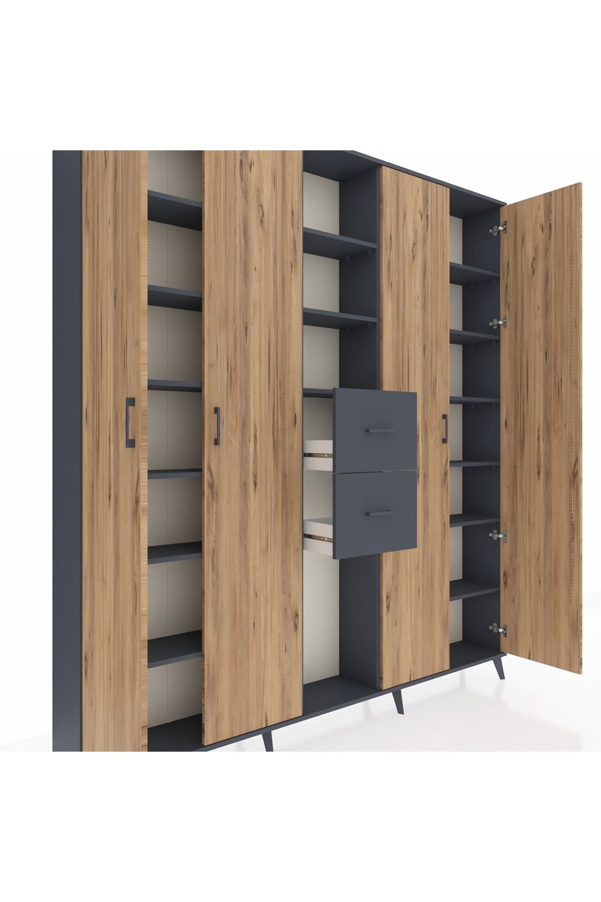 Arges Dolap 15 Raflı 2 Çekmeceli 4 Kapaklı 220x30x243 Antrasit-Çam/Antrasit