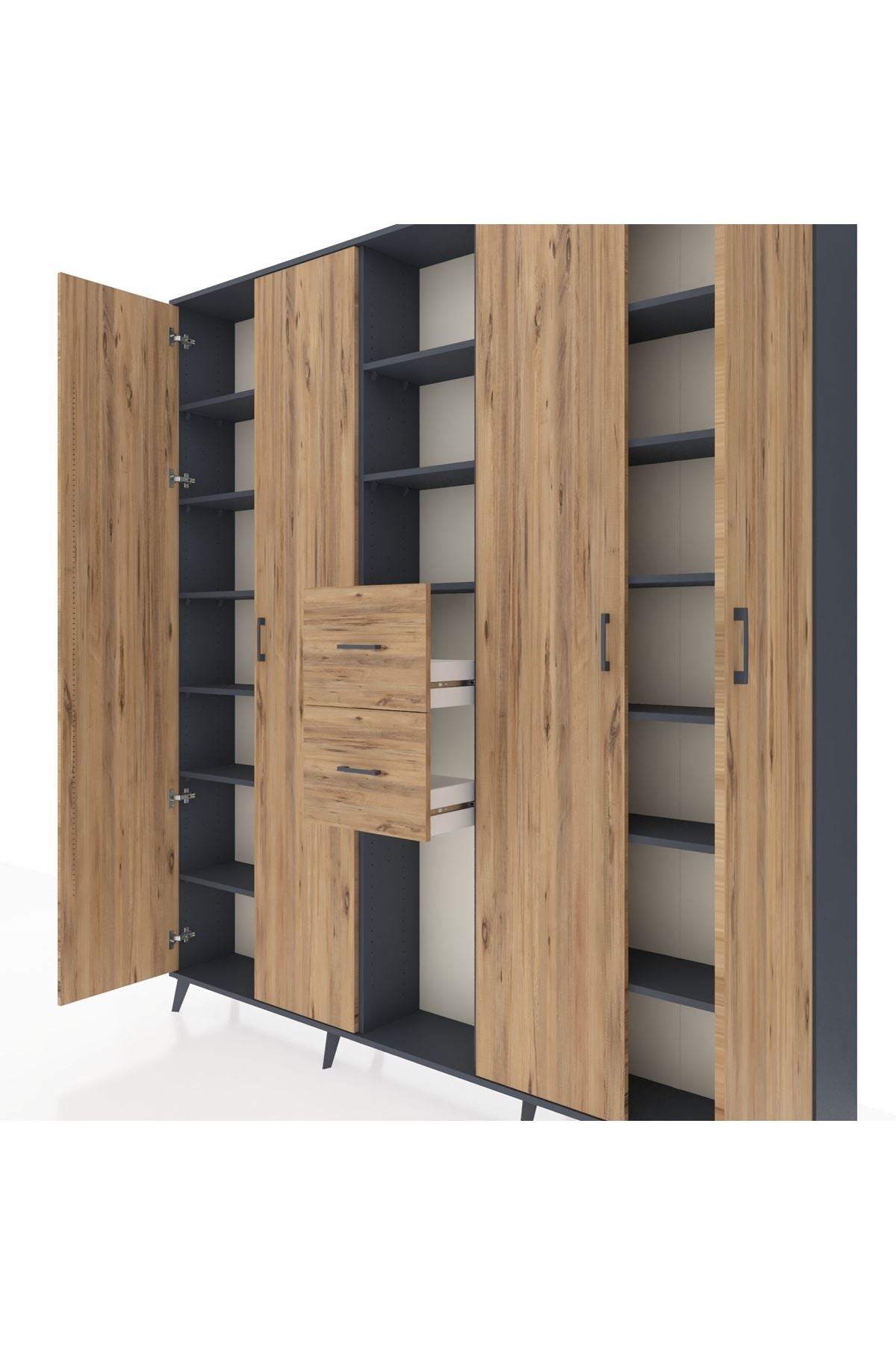 Arges Gardrop 15 Raflı 2 Çekmeceli 4 Kapaklı 220x30x243 Antrasit-Çam