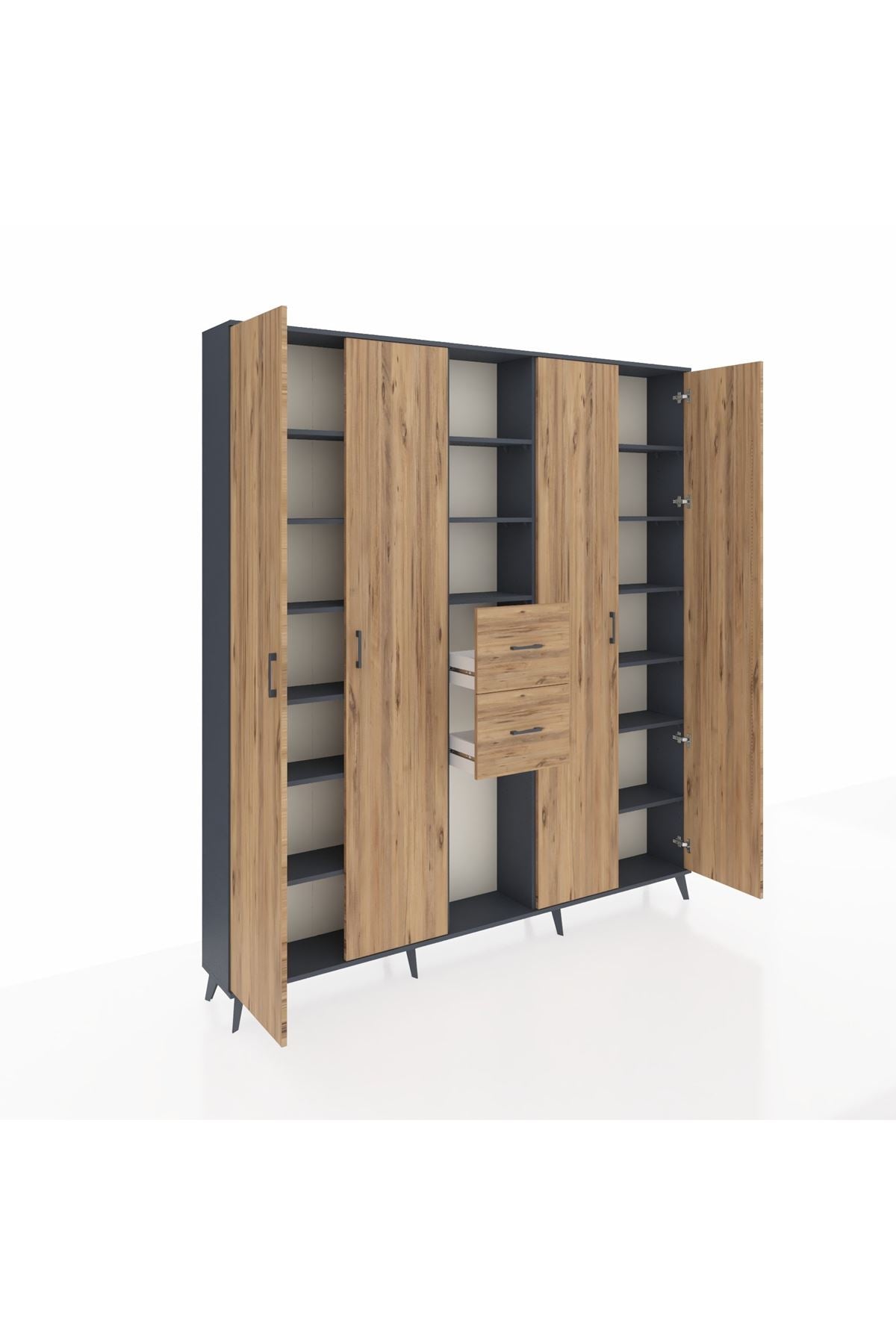 Arges Gardrop 15 Raflı 2 Çekmeceli 4 Kapaklı 220x30x243 Antrasit-Çam