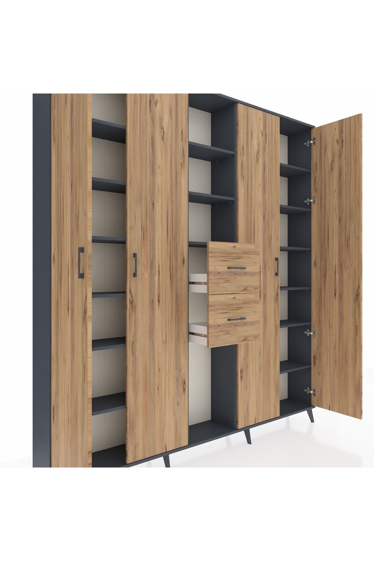 Arges Gardrop 15 Raflı 2 Çekmeceli 4 Kapaklı 220x30x243 Antrasit-Çam