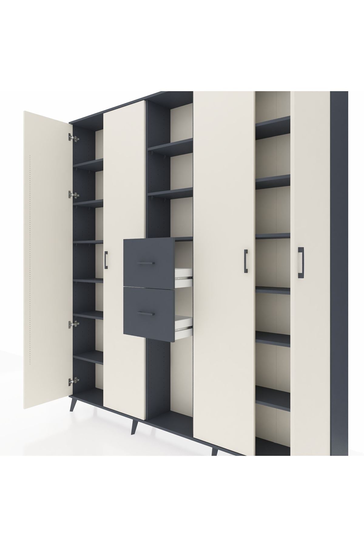 Arges Dolap 15 Raflı 2 Çekmeceli 4 Kapaklı 220x30x243 Antrasit-Aytaşı/Antrasit