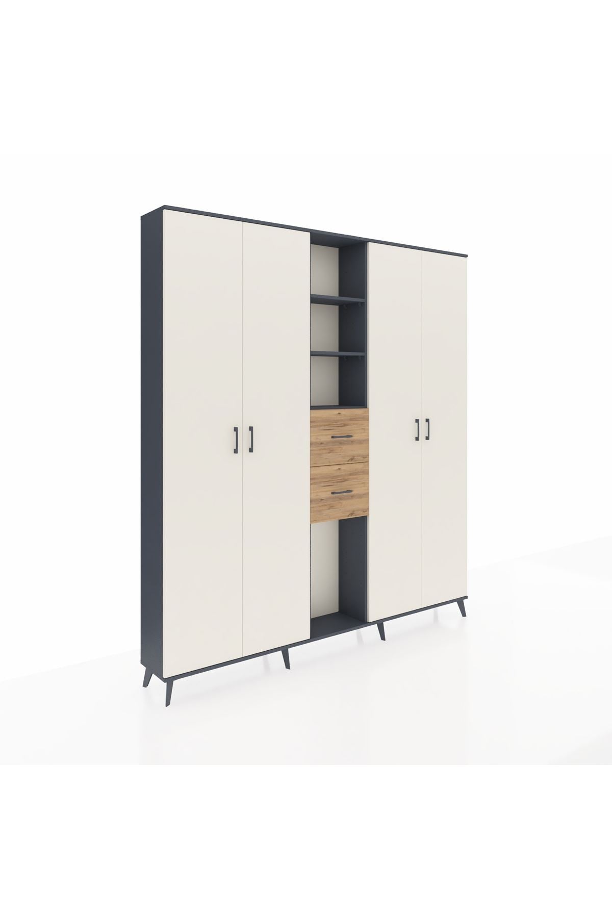 Arges Dolap 15 Raflı 2 Çekmeceli 4 Kapaklı 220x30x243 Antrasit-Aytaşı/Çam